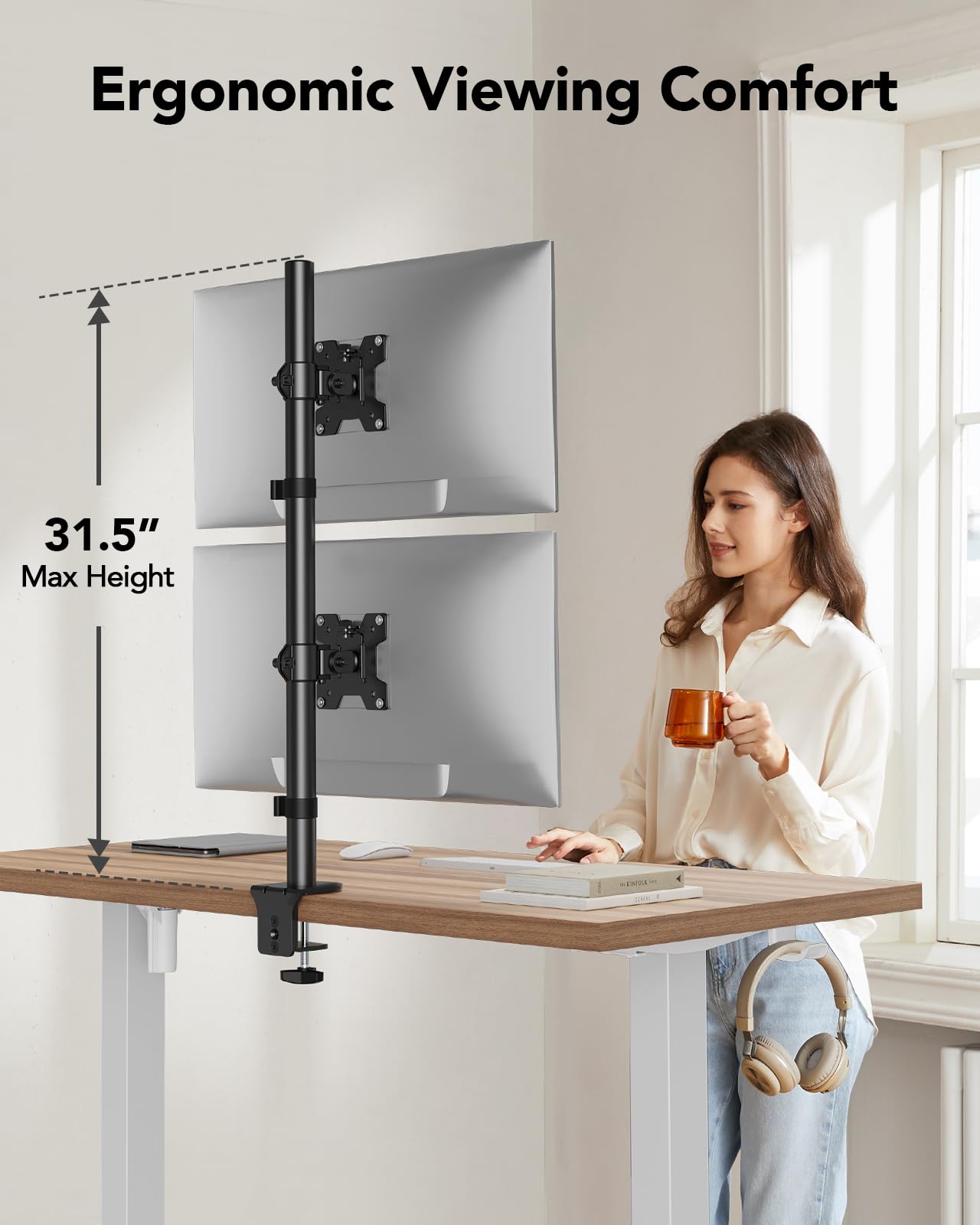 HUANUO Vertical Dual Monitor Mount for 17–32 Inch Screens, 17.6 lbs Capacity Each, Extra Tall Stacked Monitor Stand with Height Adjustment and C-Clamp,Gaming Monitor Arm
