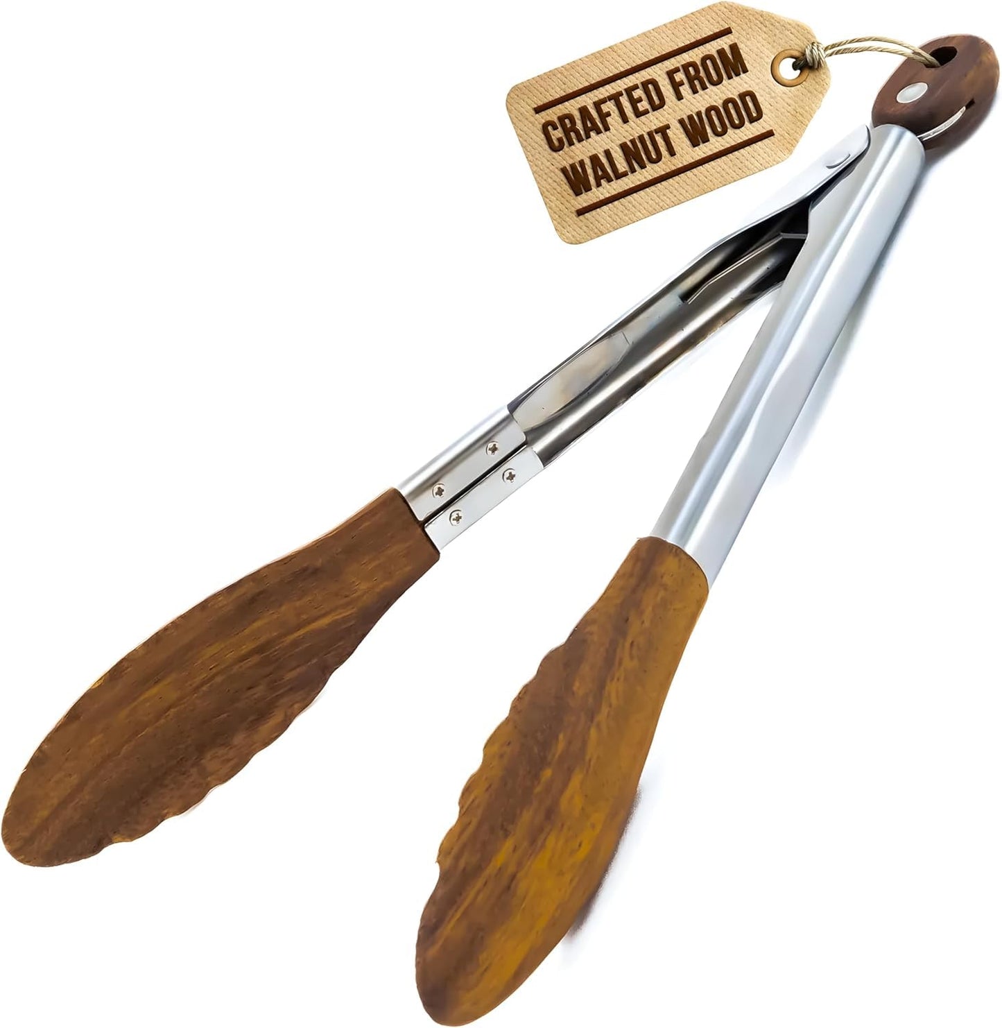 Boxiki Kitchen Wooden Tongs for Cooking - Nonstick Cooking Tongs & Salad Tongs for Serving Food, Grilling, Cooking, BBQ and Tossing Salad - Made of Natural Walnut Wood, Size 12-inch