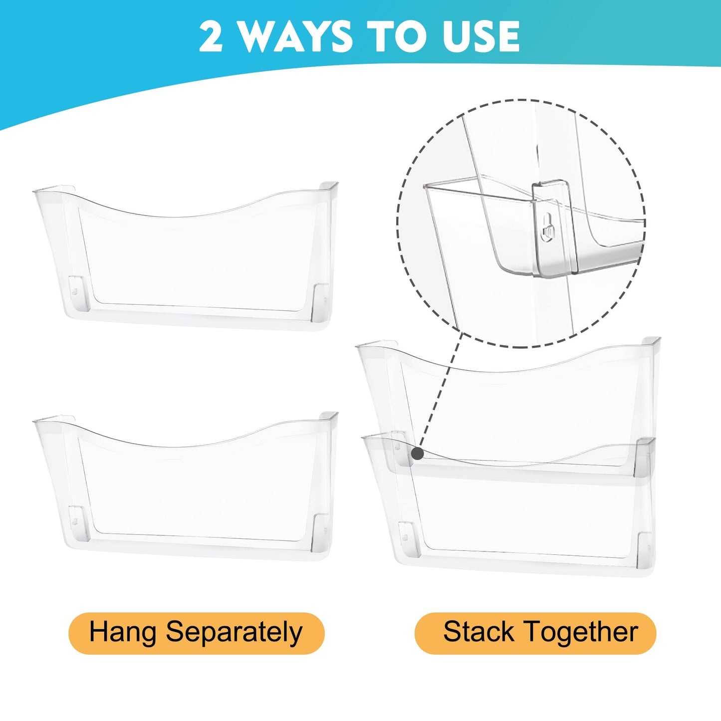 EASEPRES 4 Pack Plastic Clear Hanging File Paper Organizer with Single Pocket Vertical Wall Mounted Files Mail Letter Holder for Office, School and Home, 13.85x3.14x6.88 inches