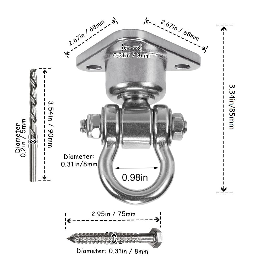 Antirust Swing Hanger Heavy Duty 360°+180°Rotation 1500LB Capacity Wood Playground Yoga Hammock Chair, Rope sandbag Porch Swing
