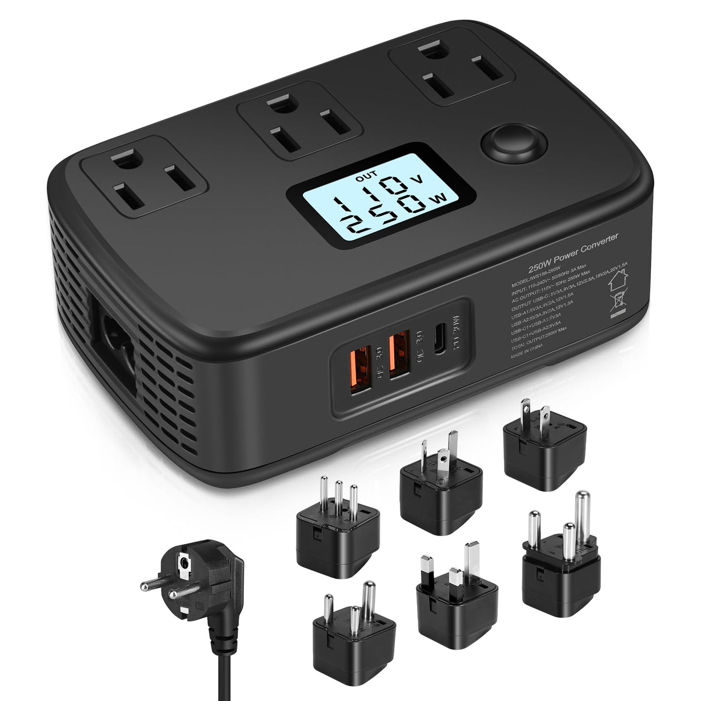 Voltage Converter 220v to 110v with PD 30W, QC3.0 and LCD Display, Universal Travel Adapter 250W Travel Power Converter Canada to Europe, UK,AU,Italy,Asia,India,South Africa