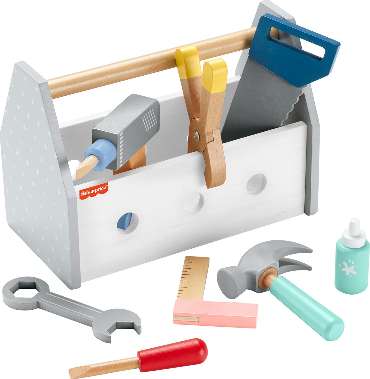 Fisher-Price Wood Pretend Play Toy Tool Box with Drill, 9-Piece Wooden Set for Building Construction Play Preschool Kids Ages 3+ Years