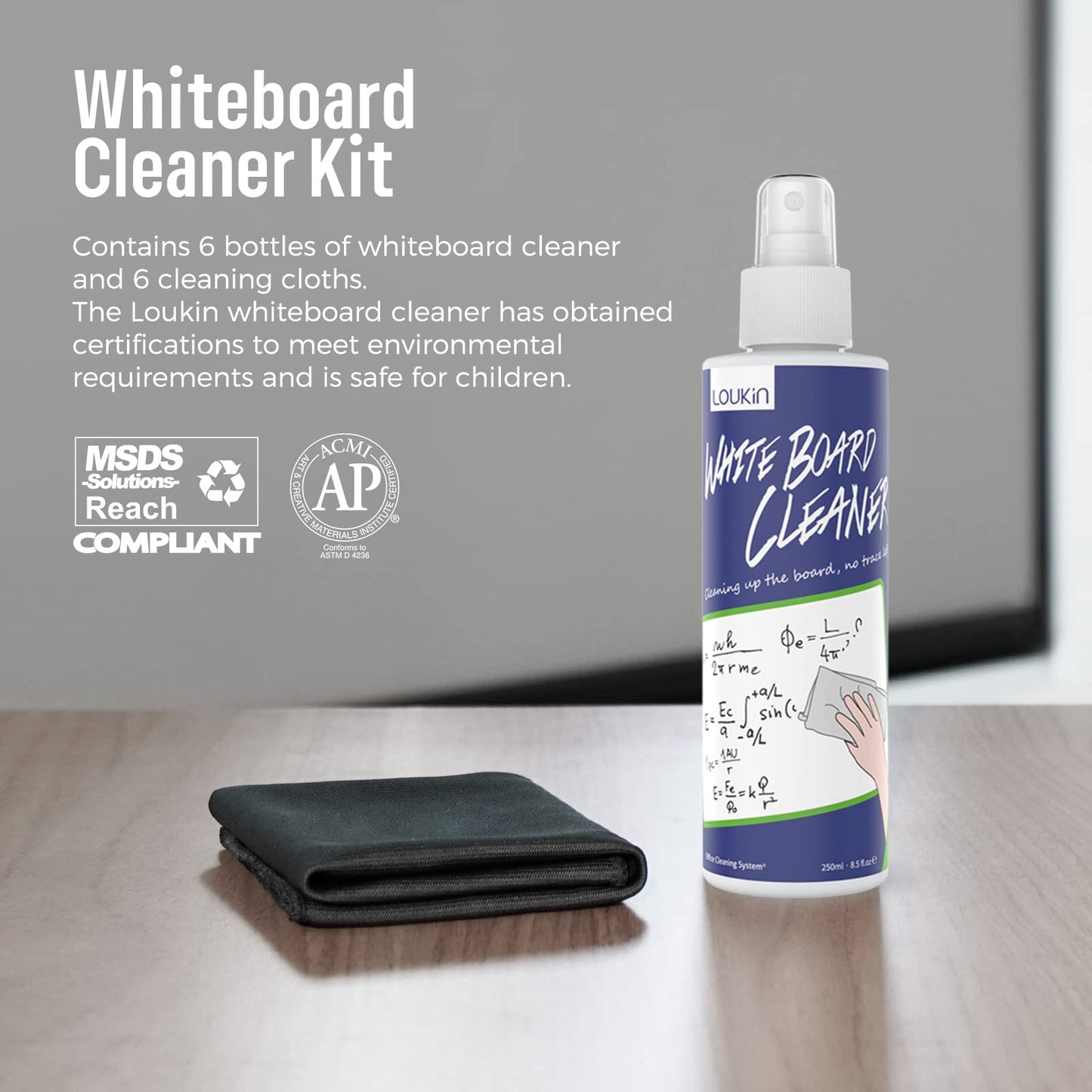 LOUKIN Non-Toxic Whiteboard Cleaner, 8.5oz Dry Erase Board Cleaner, Low-Odor Whiteboard Cleaning Spray with Cloths, Removes Stubborn Marks from Whiteboards, Chalkboard (6-Pack)