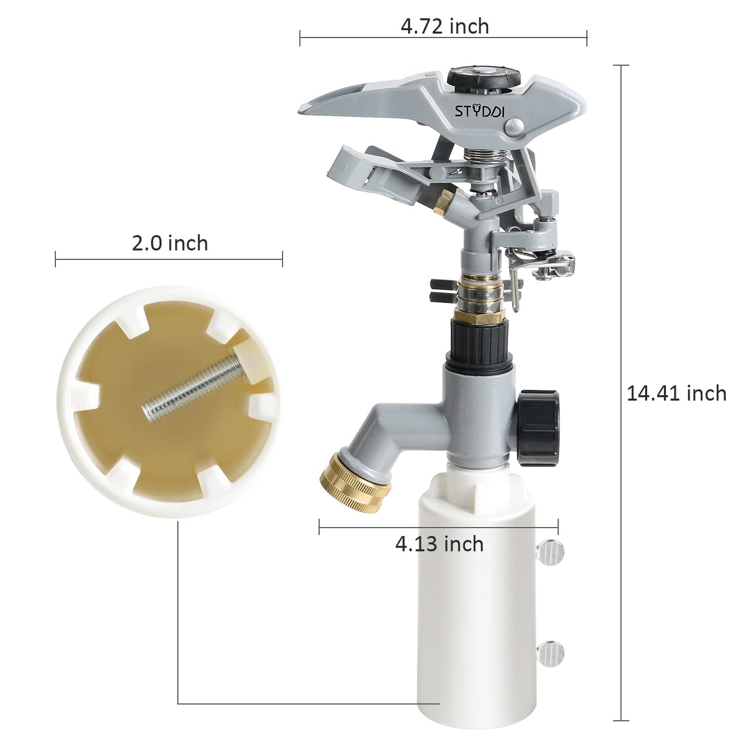 STYDDI T-Post Fence Sprinkler, Metal Impact Sprinkler Head on Fence T-Post Base with Flow Through, Irrigation Zinc-Alloy Adjustable T-Post Impulse Sprinkler