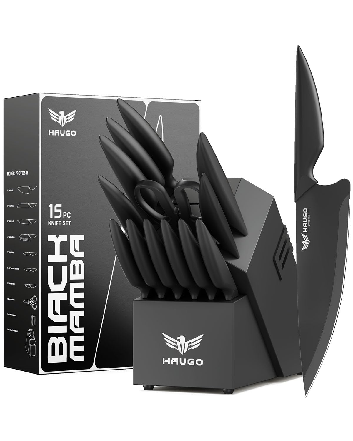 Haugo Kitchen Knife Set with Block: 15-Piece High Carbon Stainless Steel Professional Knives - Dishwasher Safe and Sharpener - Comfortable Grip Reduces Hand Fatigue 30% - Black Knife Set for Cooking