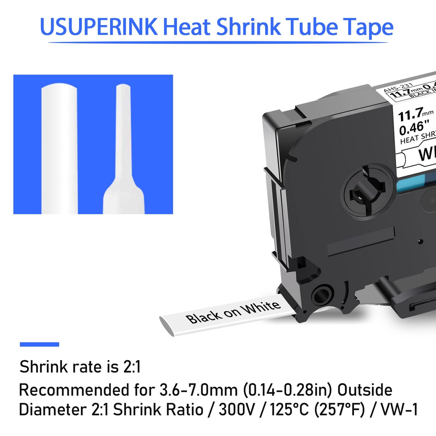 SuperInk 5 Pack Compatible for Brother Ptouch HSe-231 HSe231 HS-231 HS231 0.46 1/2'' 11.7mm Black on White Heat Shrink Tube Label Tape use in PT-D210 PT-D400 PT-E300 PT-E500 PT-P750WVP Label Maker