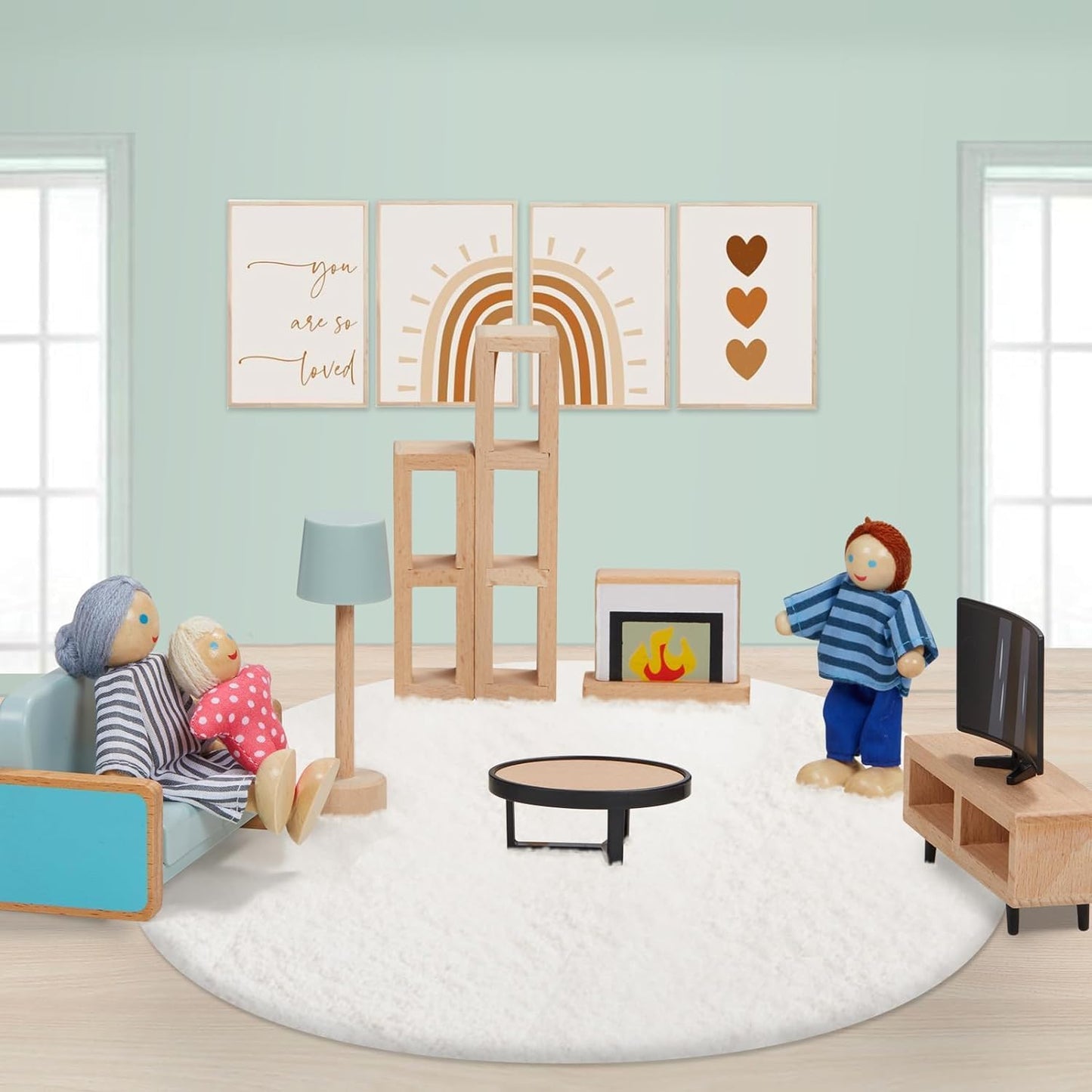 Giant bean 36pcs Wooden Plastic Dollhouse Furniture 5 Set with 4 Family Dolls, Blue Dollhouse Accessories Pretend Play Furniture Toys for Boys Girls & Toddlers 3Y+, Christmas Birthday Gift for Kids