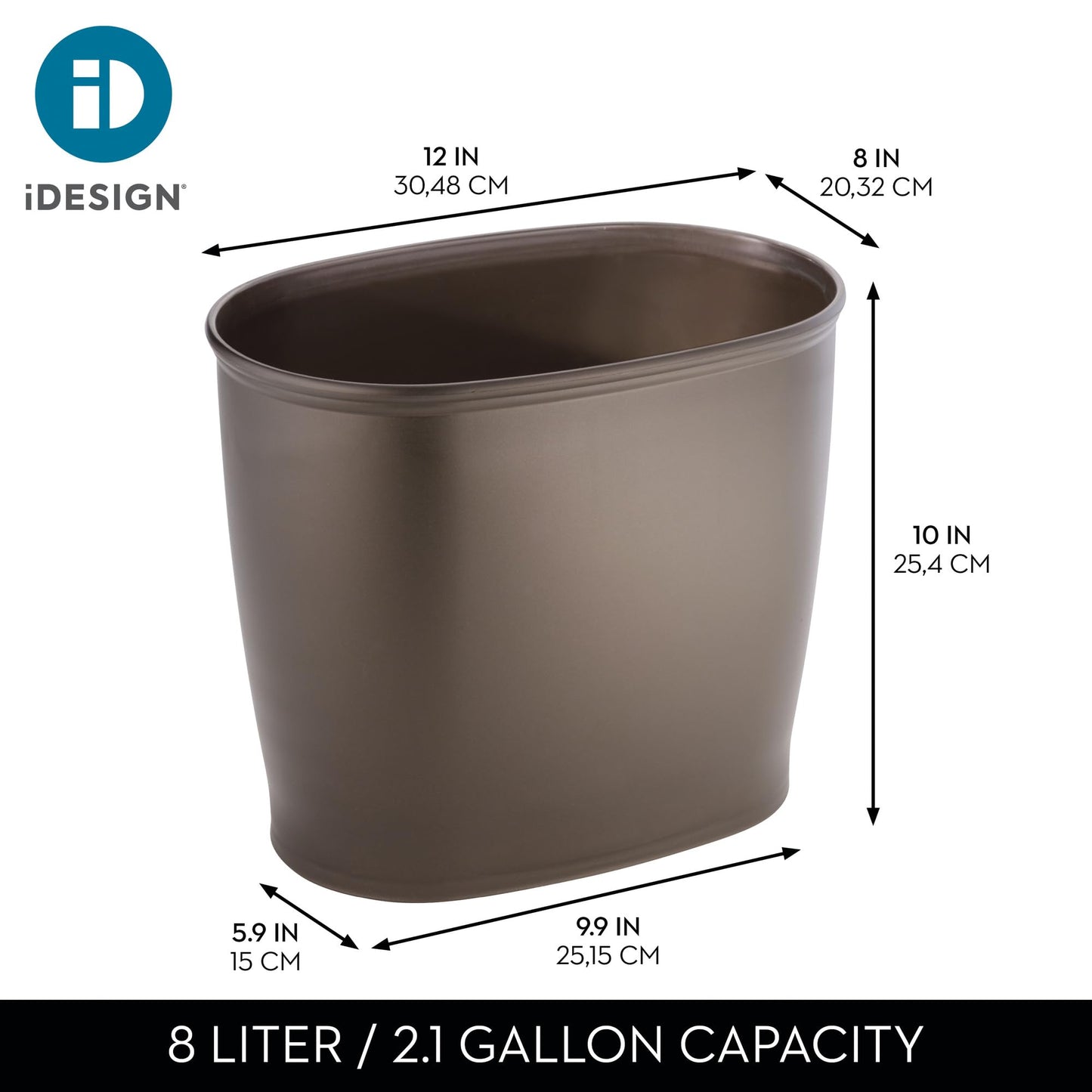 iDesign Kent Oval Waste Can, Trash Can for Bathroom, Bedroom, Office - Bronze