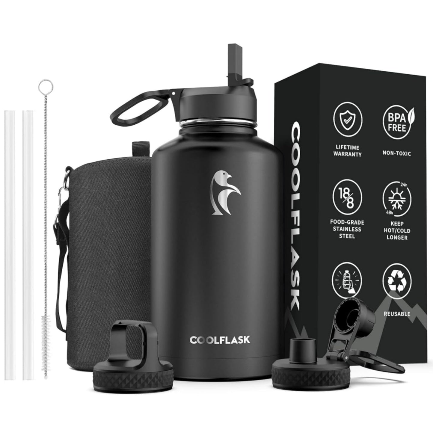 Water Bottle Insulated 64 oz with Straw & 3 Lids, Coolflask Large Metal Stainless Steel Water Jug Big Half Gallon Wide Mouth for Sports, Gym or Office, BPA-Free Keep Cold 48H Hot 24H, Magic Black