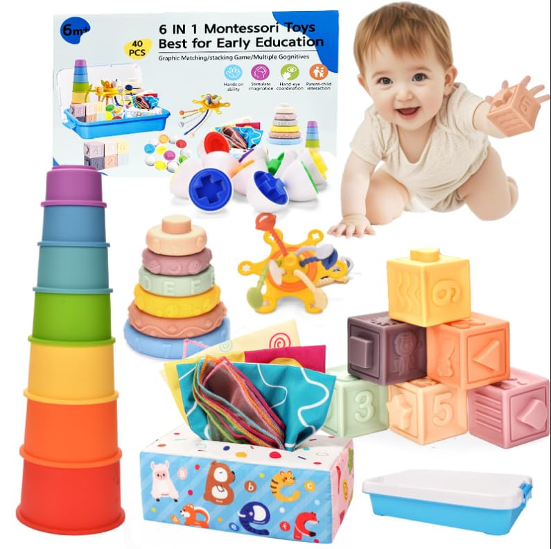 Montessori Baby Toy for 6 to12 Months,6 in 1 Montessori Sensory Toys for 1 Year Old,Baby Stacking Building Block Cups & Rings,Pull String Toy Magic Tissue Box for Toddlers 6-9-12 Months Boy Girl Gift