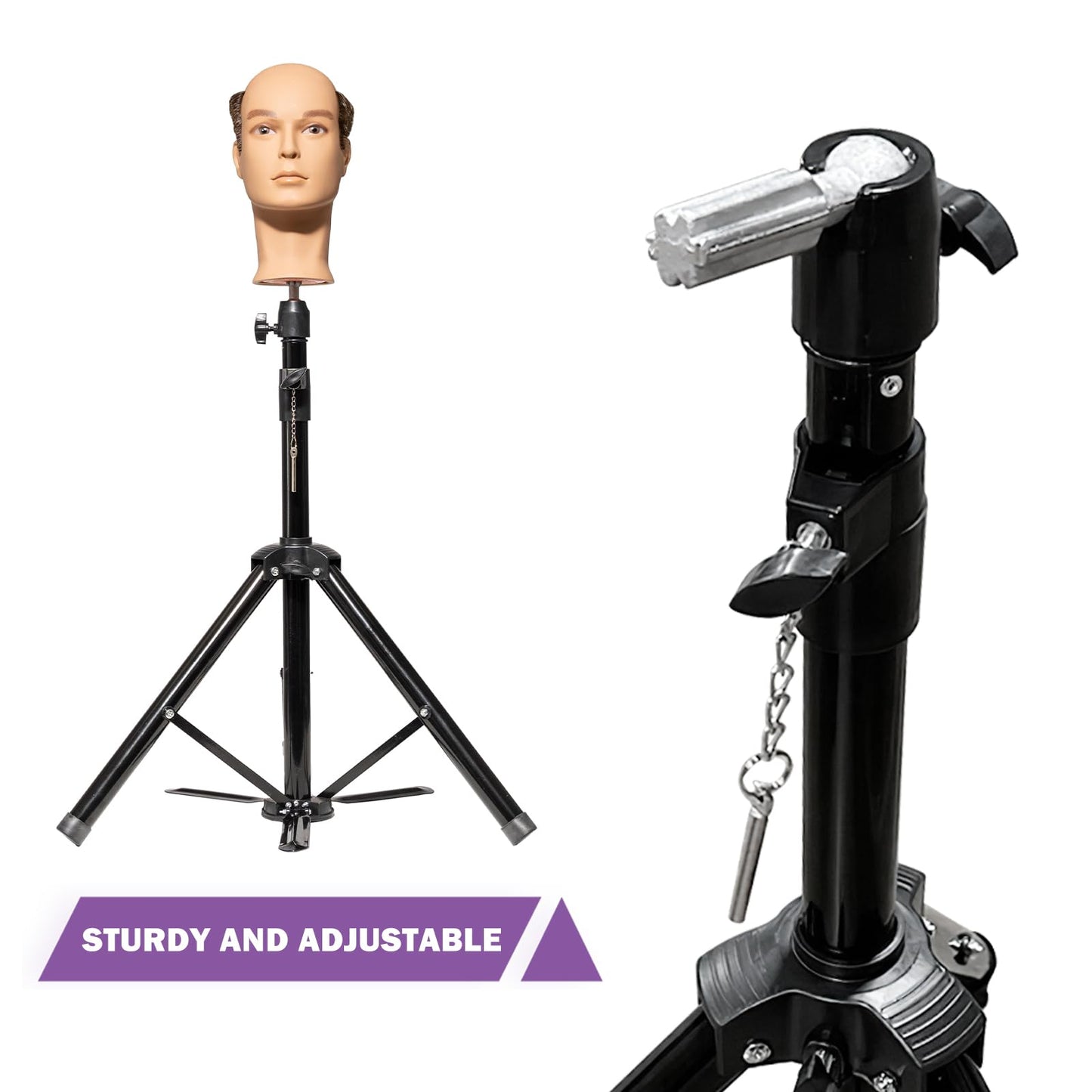 Superhairpieces Sturdy and Adjustable Wig Stand Tripod, Foldable Tripod Metal Mannequin Head Stands - Perfect for Wig Storage, Styling, Hairdressing Training and Display (Black)