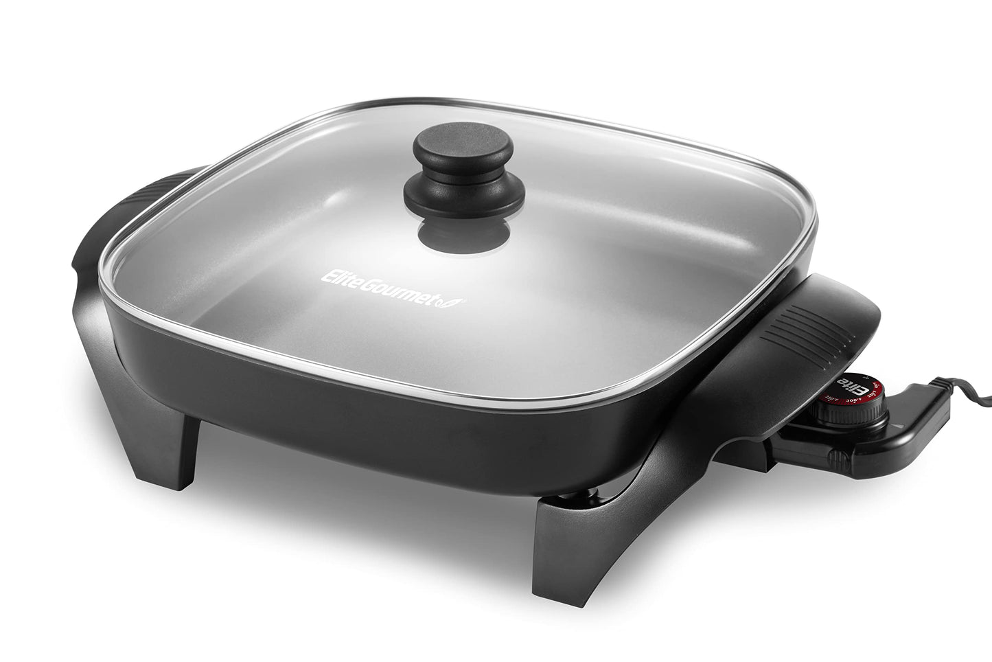 Elite Gourmet 12"x12"x2.15” Ceralast PFAS Free Ceramic Electric Skillet, Dishwasher Safe, Rapid Heat Up, 1200W, Dark Grey