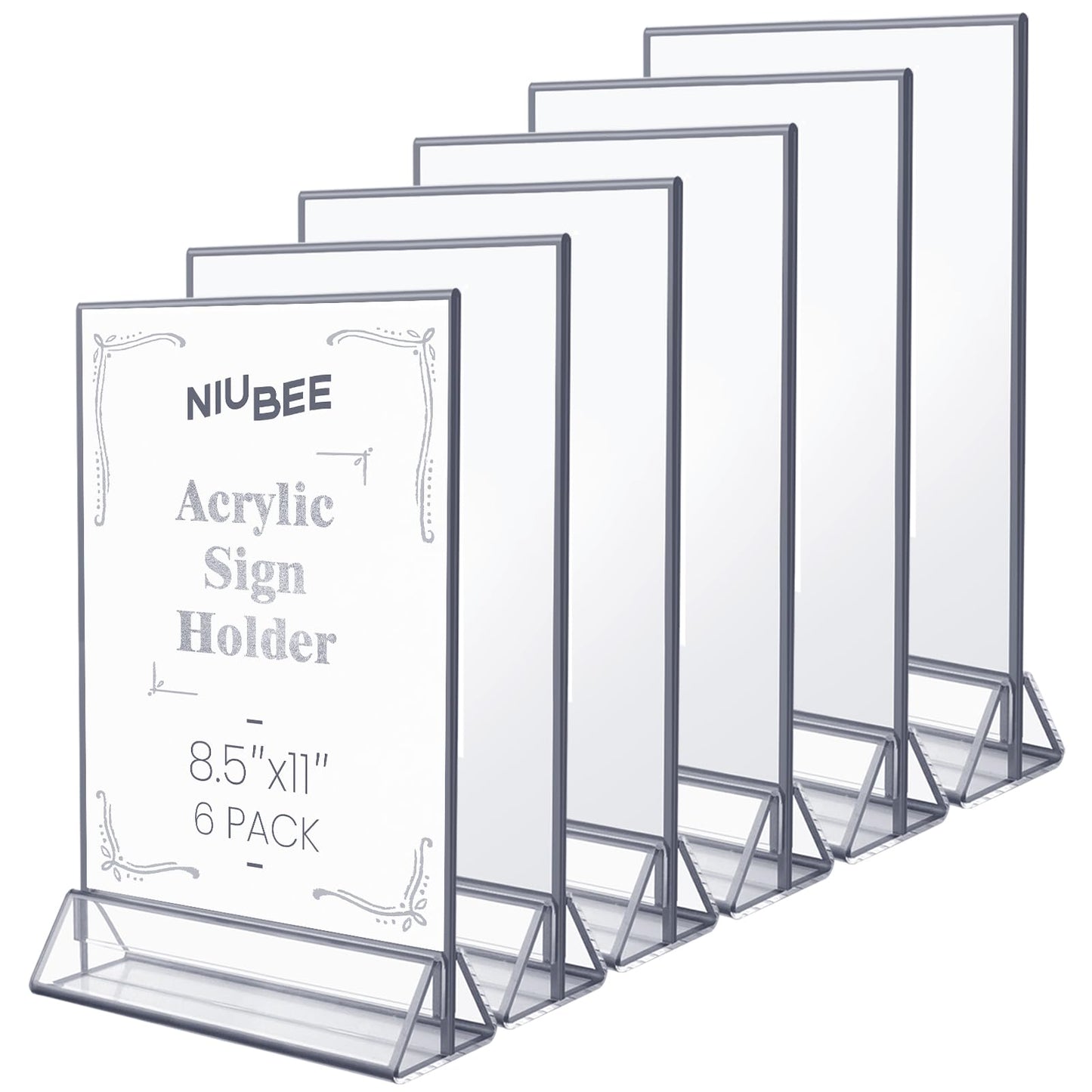 NIUBEE 6Pack 8.5x11 Clear Acrylic Sign Holder with Sliver Borders and Vertical Stand, Double Sided Table Menu Holders Picture Frames for Wedding Table Numbers, Restaurant Signs, Photos and Art Display