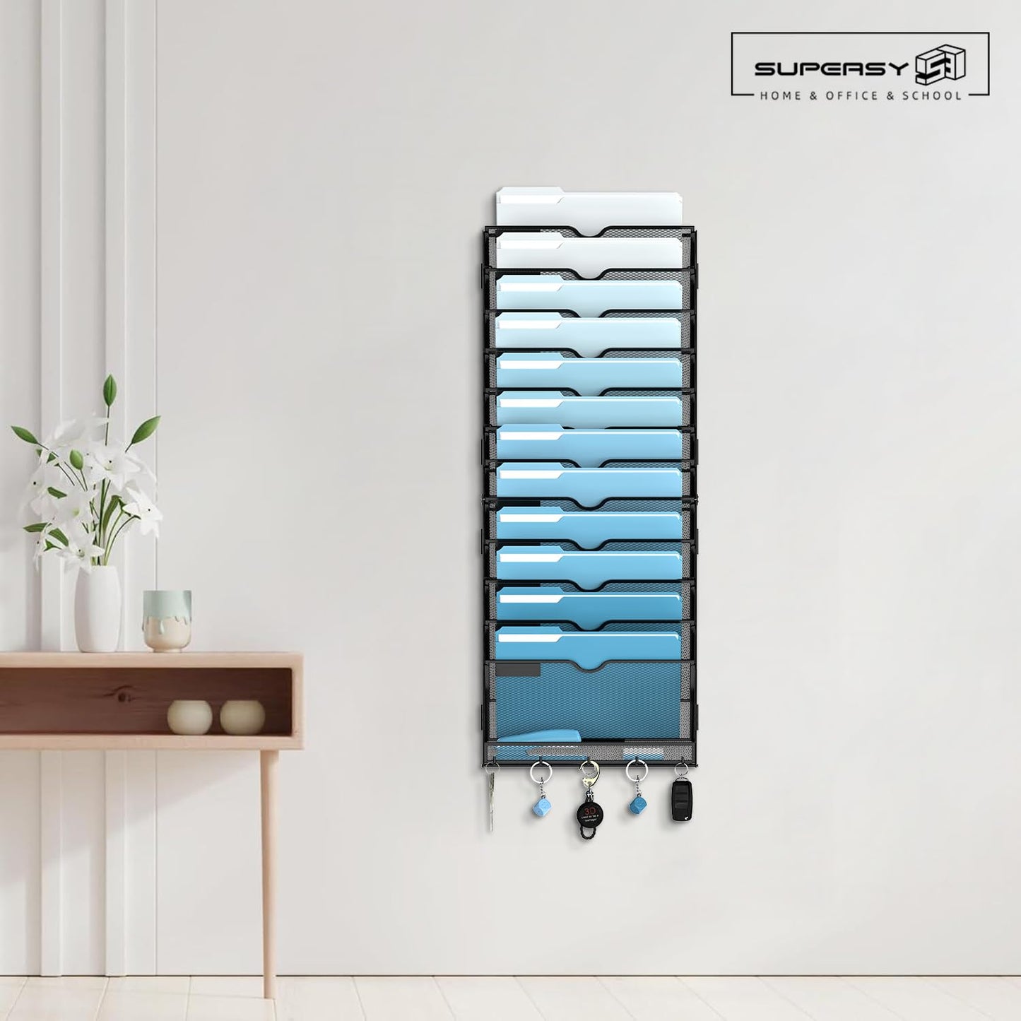 SUPEASY 13-Tier Hanging File Organizer Vertical Wall File Organizer Wall File Holder, Mesh Magazine Rack Mail Document Organizer for Office School Home,Black