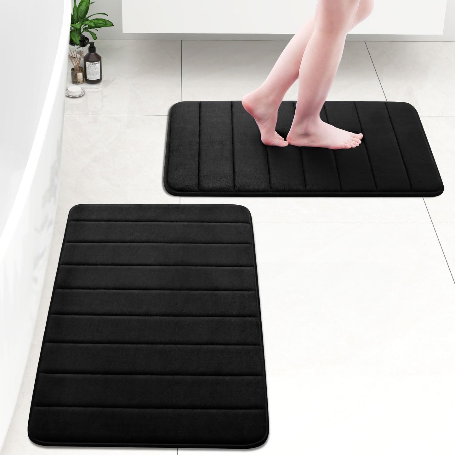 OLANLY Soft Memory Foam Bath Mat, Non-Slip and Super Absorbent Bathroom Mat, Machine Washable Quick Dry Bath Mats for Bathroom, Shower, and Tub, 24" x 36", Black