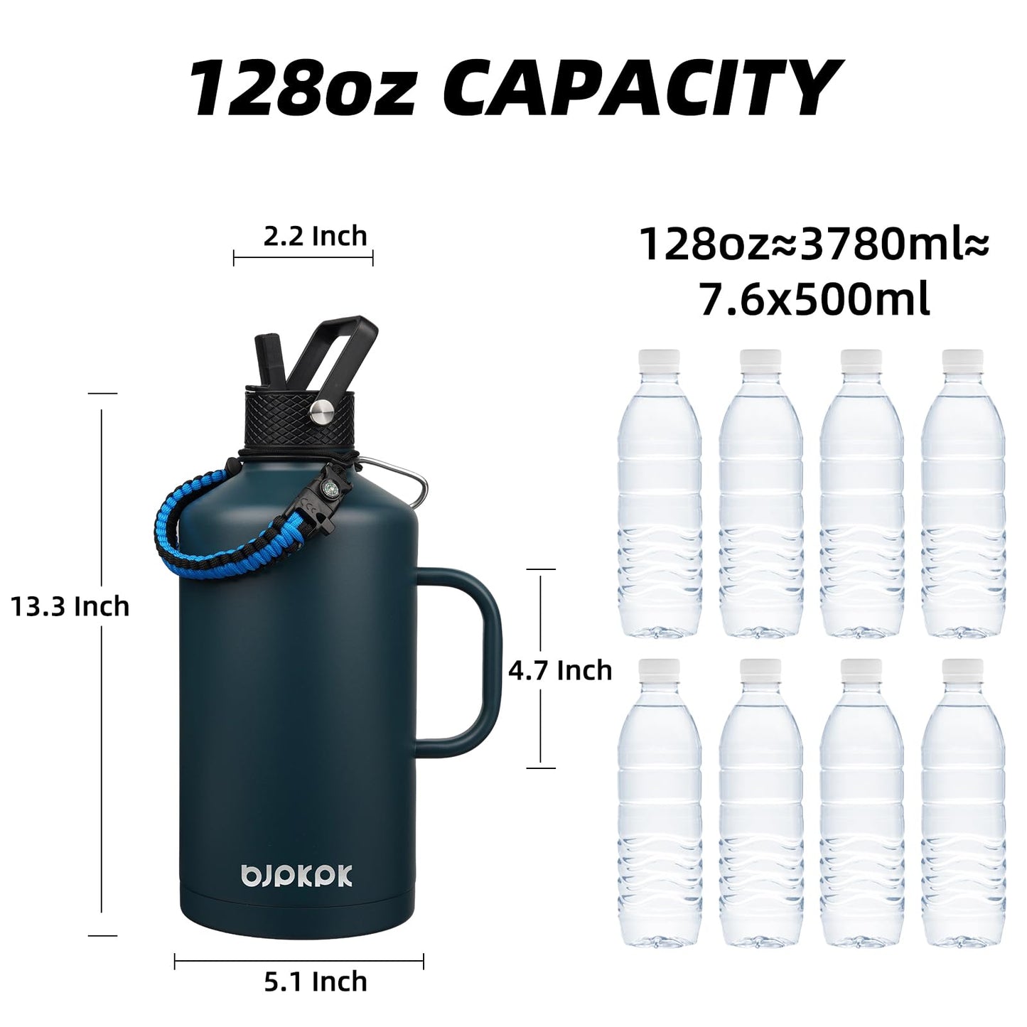 BJPKPK 1 Gallon Water Bottle Insulated with Straw Lid, 50oz, 64oz, 87oz, 128oz Large, Stainless Steel Water Bottles with 3 Lids and Paracord Strap, Double Wall Vacuum Metal Water Jug,Navy Blue