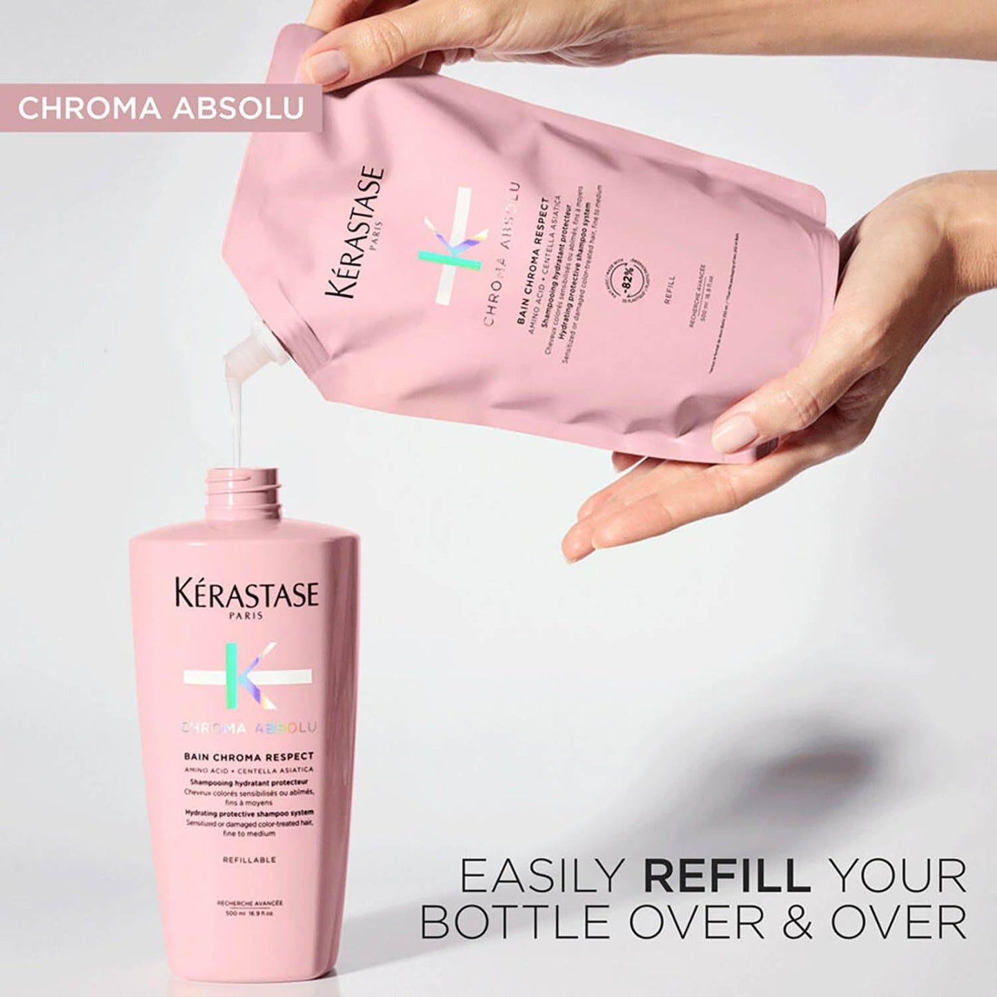 Kérastase Chroma Absolu Bain Chroma Respect, Color Protect Shampoo, For Sensitized or Damaged Color-Treated Hair With Amino Acid and Centella Asiatica, Fine To Medium Hair, Eco-Friendly Refill