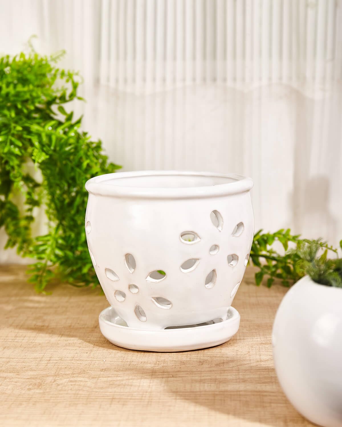 5 Inch Ceramic Orchid Pots with Holes and Saucers - 1 Pcs Small Ceramic Orchid Planter Pots for Repotting, Plant Flowerpots for Orchid Indoor and Outdoor Promotes Air Circulation, White
