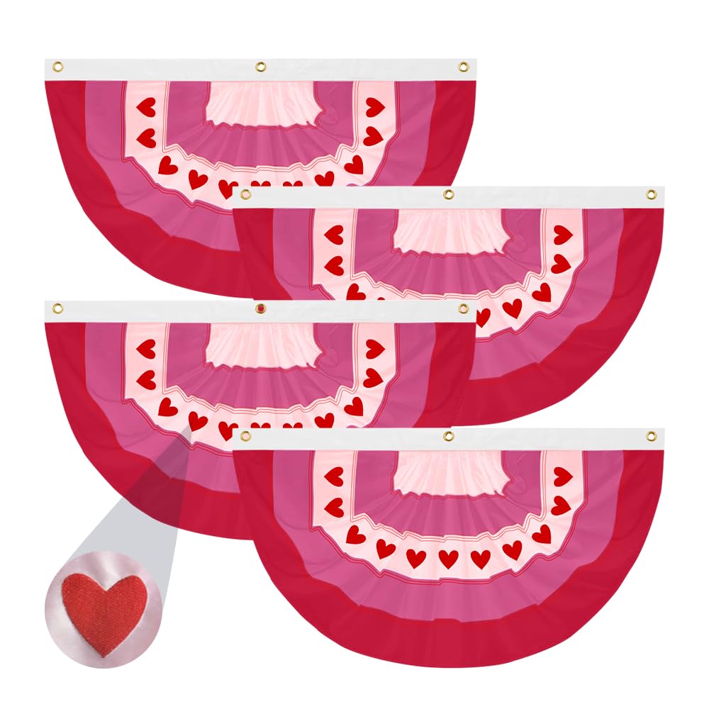 LinaGarten 4Pcs Valentine’s Day Bunting 2x4Ft Embroidered Love Heart Half Fan Bunting Flag Banner for Garden Fence, Outdoor Party, and Porch Decor