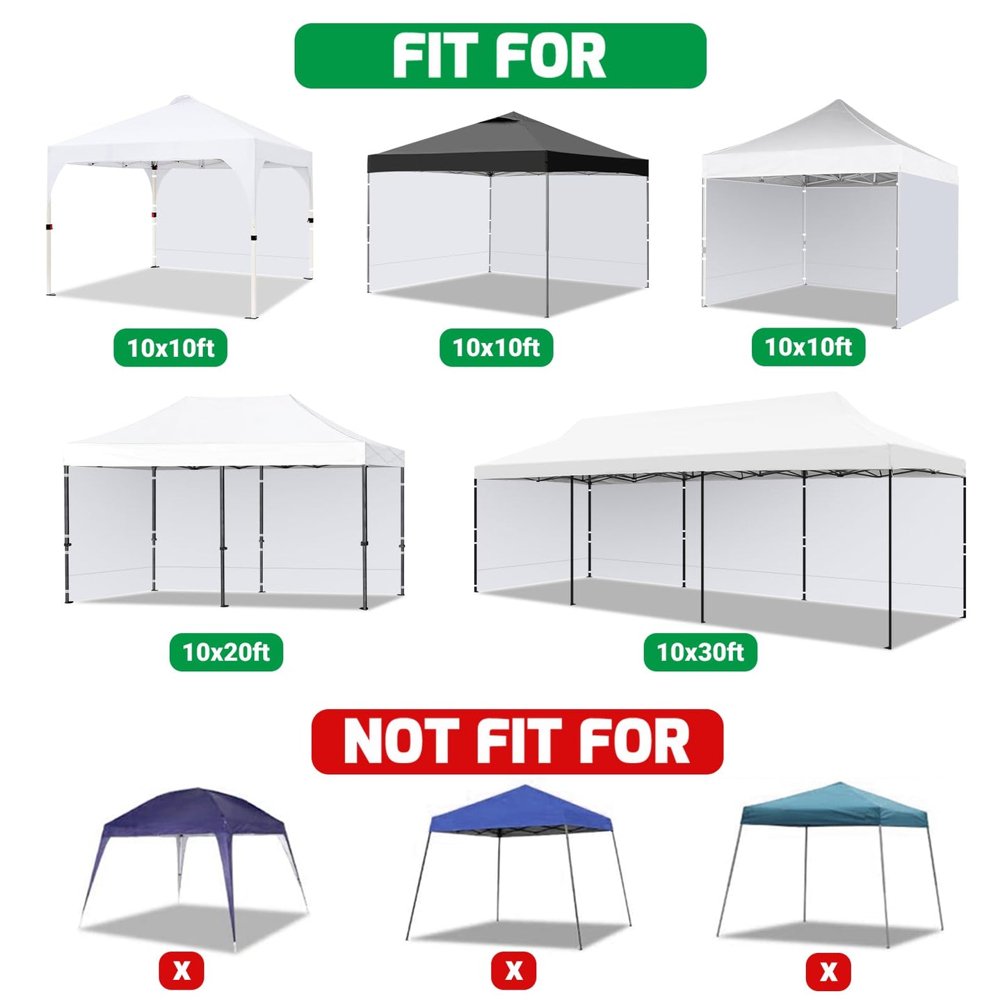 Acepic 3PCS White 210D Waterproof Sidewalls for 10x10 Pop Up Canopy Tent, Fits Most 10x10 ft Canopies, Camping