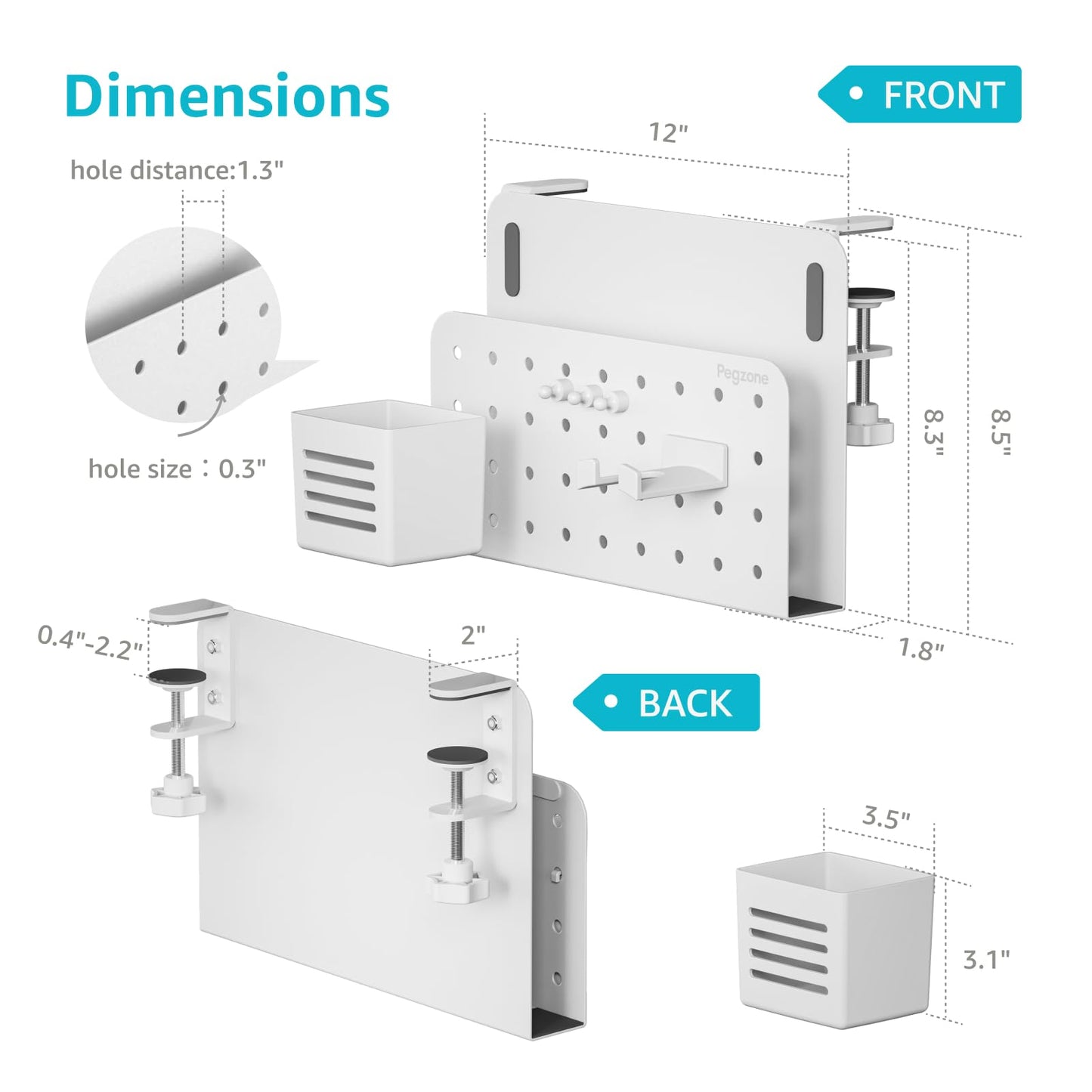 PEGZONE Desk Side Storage Organizer, No Drill Under Desk Laptop Holder, Clamp on Desks Shelf with Pegboard Accessories, Hanging Laptop Mount, Fits Flat Edge 0.4" to 2.2", White