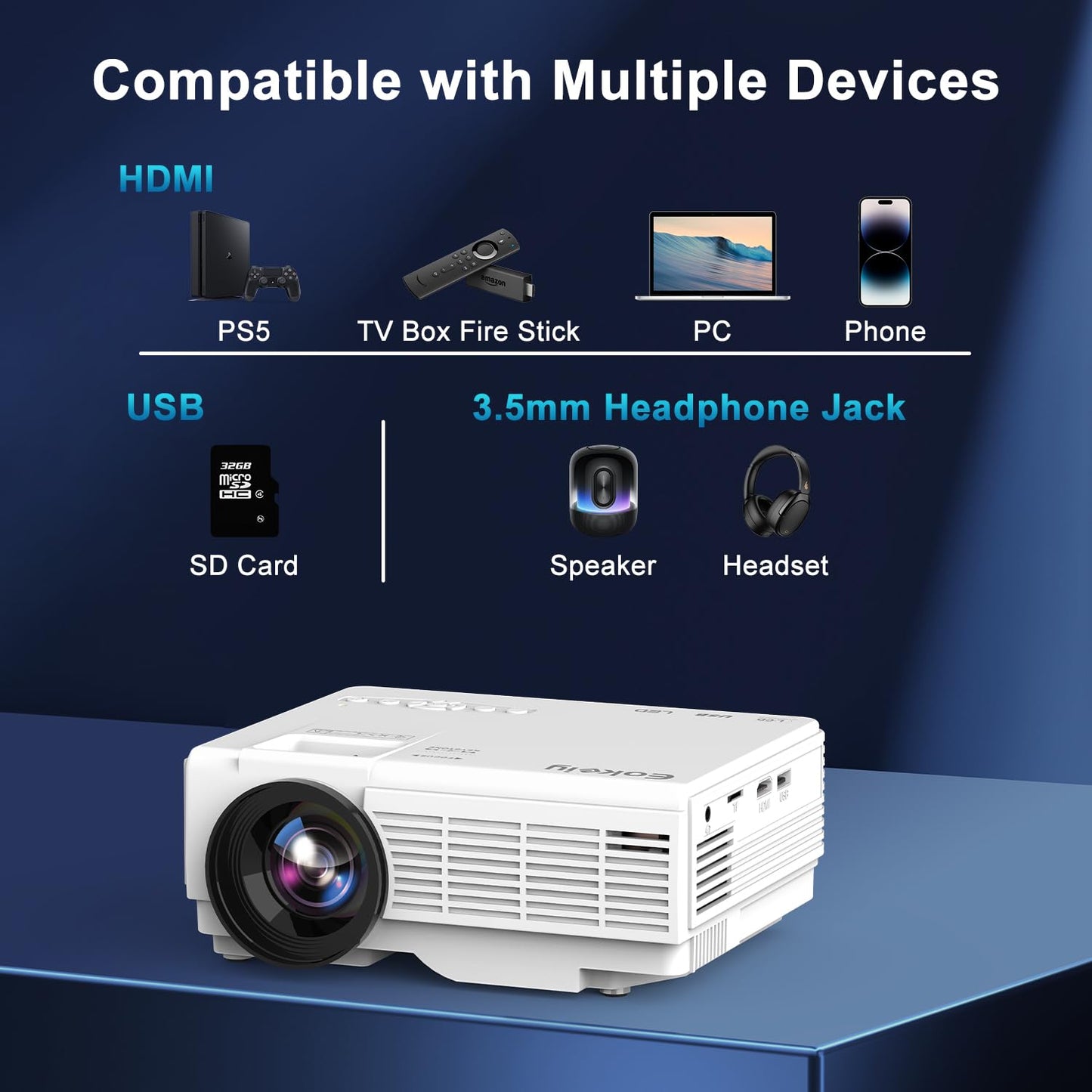 【Projector Screen Included】 1080P Mini Projector with Two-Way Bluetooth, 50% Zoom, Portable Outdoor Movie Projecteur, Compatible with TV Stick, Video Games, HDMI, USB, Smartphone