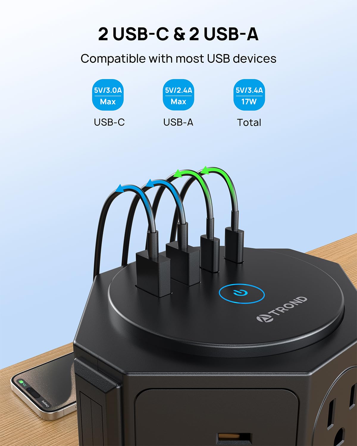 TROND Tower Power Bar Surge Protector with USB C, 14 Widely Spaced Outlets, 6ft Flat Plug Extension Cord Indoor, Vertical Desktop Charging Station for Home Office Desk Accessories, Black