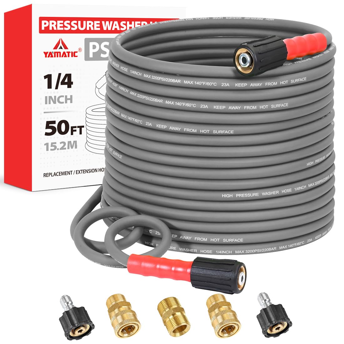 YAMATIC Super Flexible Pressure Washer Hose 50 FT X 1/4" 3200 PSI, Kink Resistant, Heavy Duty Power Washer Replacement Hose with M22-14mm x 3/8" Quick Connect