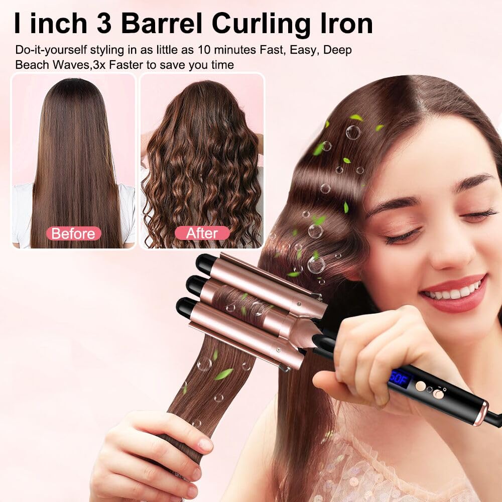 5 in 1 Curling Iron Set,Curling Iron Wand with 3 Barrel Hair Crimper(1.1inch) and 4 Interchangeable Ceramic Curling Wand(0.35"-1.25"), 4 Temp Heating Setting,Contain Protective Glove & 2 Clips