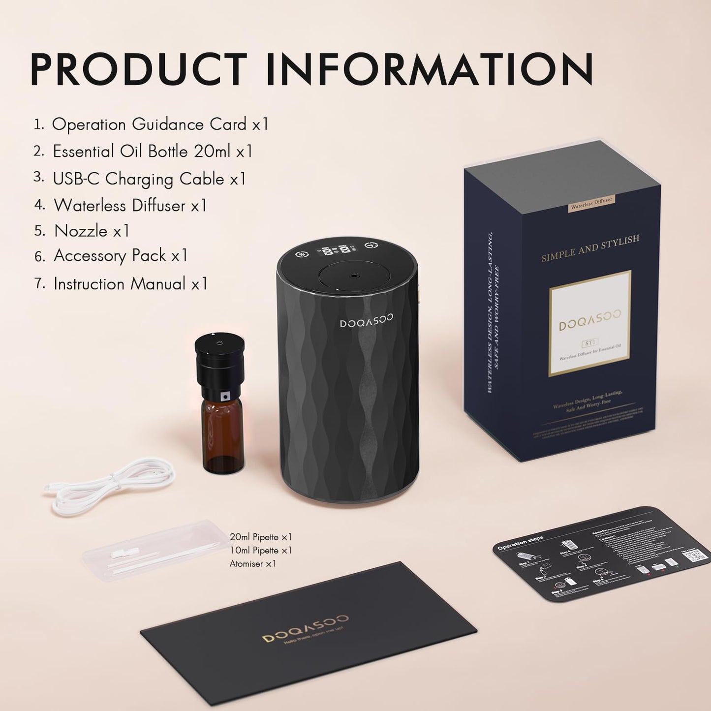DOQASOO Waterless Diffuser for Essential Oils - Aluminum Metal Texture, 96H Cordless Nebulizer with Timer & 4 Mist Levels, Portable Aromatherapy for Home Room and Car