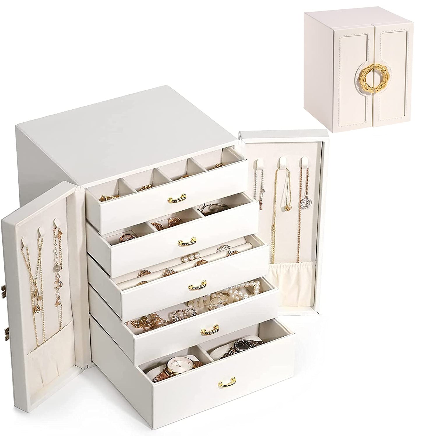 Large Jewelry Box for Women Girls,5-Layer Jewelry Organizer Box,PU Leather Jewelry Display Storage Case,jewellery Holder for Earring Necklace Bracelets Rings Watches(Off White)