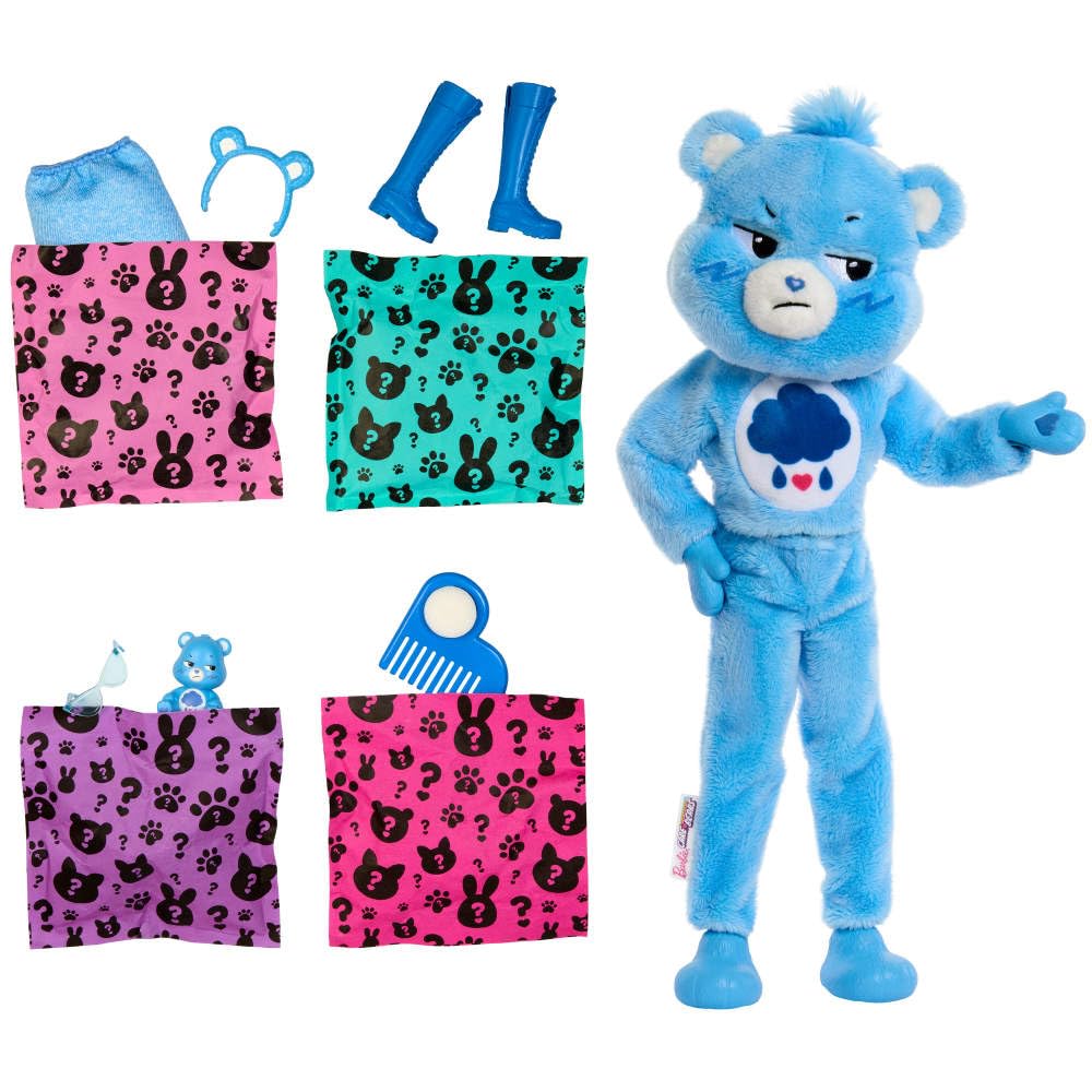 Barbie Cutie Reveal Care Bears Series Doll & Accessories Set with Grumpy Bear Plush Costume & 10 Surprises Including Color Change & Mini Bear