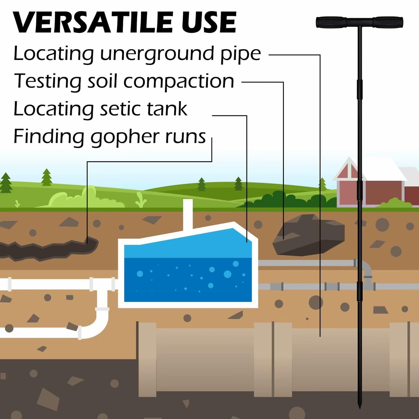 Sfcddtlg 64 Inch Metal Ground Soil Probe Rod - Adjustable Soil Sample Probe - T-Handle Septic Tank Locator for Tile Probing, Soil Compaction, Locating Underground Pipes, Landscaping, Gardening
