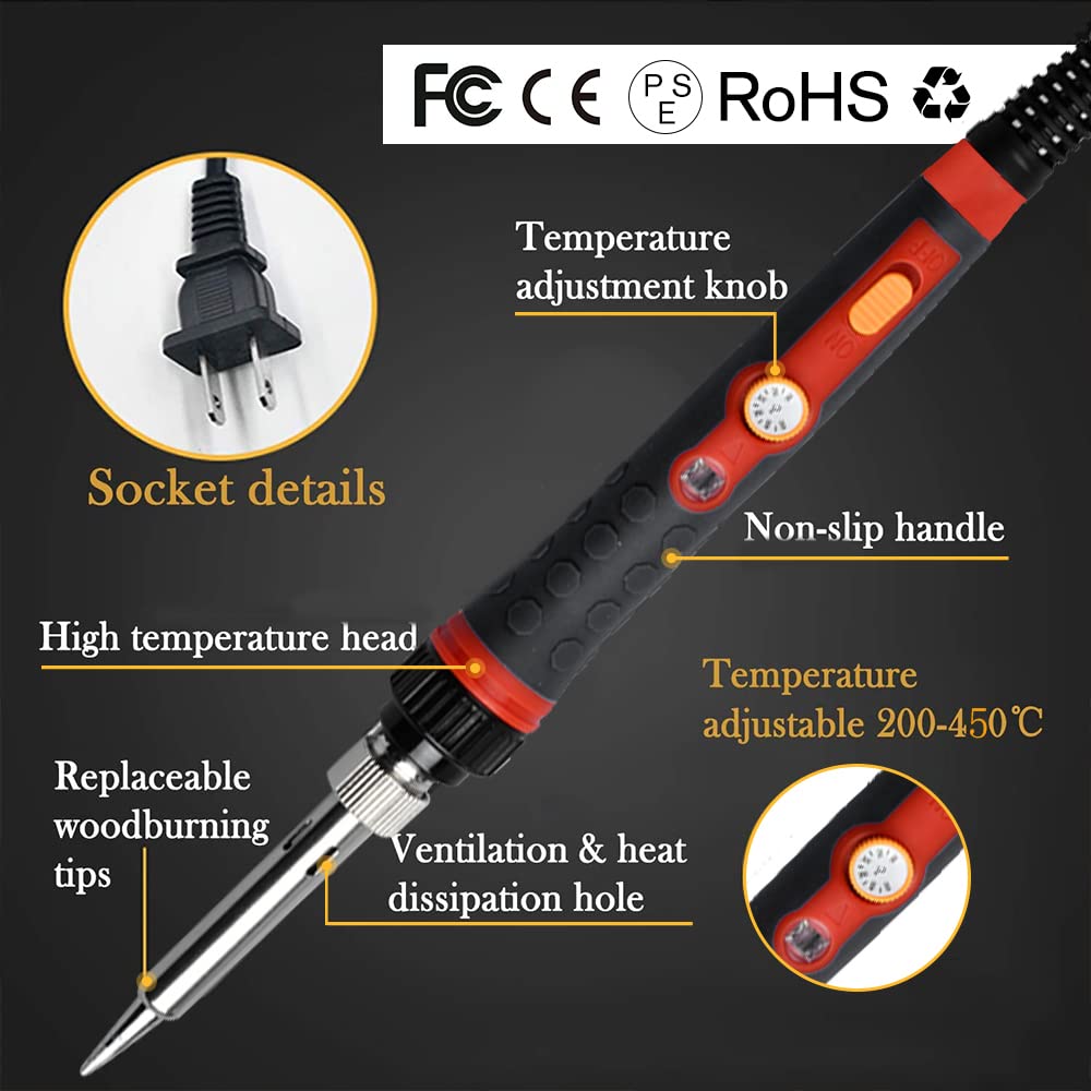 Pyrography Wood Burning Kit for Adults, Adjustable Temperature 200~450 ℃ Wood Burning Pen for Crafting Carving Embossing Soldering