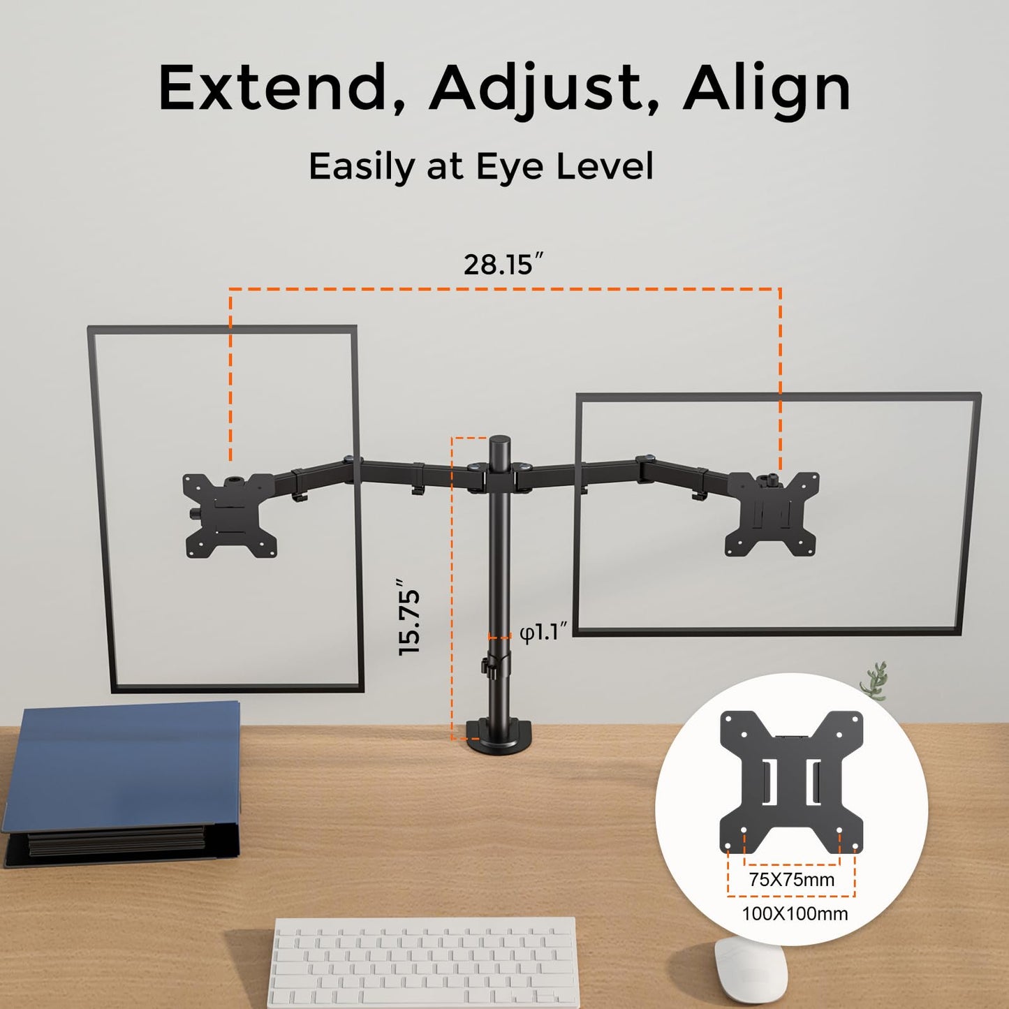 Pholiten Dual Monitor Desk Mount,Heavy Duty Adjustable Monitor Desk Mount for 2 Screens up to 38Inches,Dual Monitor Arm with Height Adjustable Tilt Swive Rotate,Holds up to 22 lbs