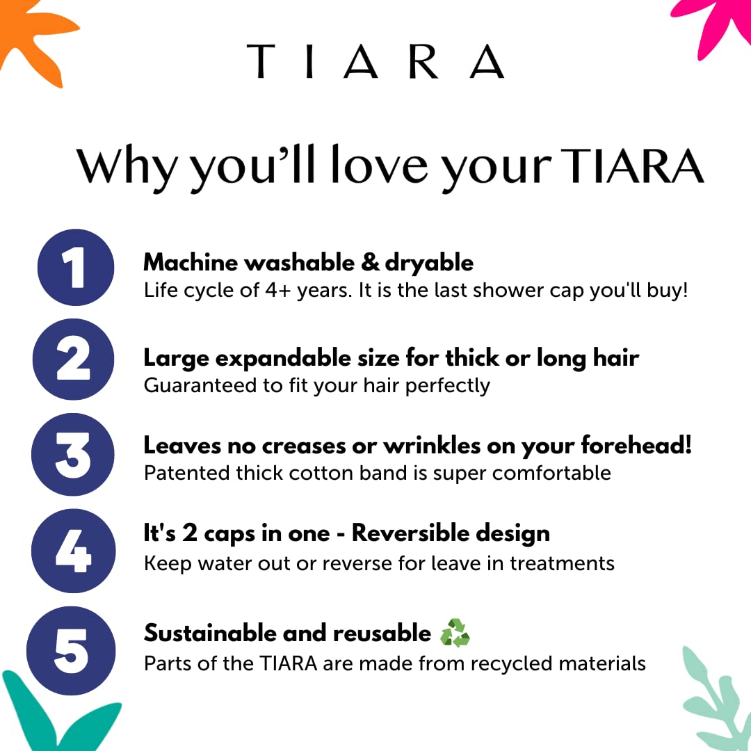TIARA Shower Cap for Women, Terry Lined – Leak-Free, Washable and Waterproof Shower Cap – Reusable Shower Cap for all Hair Lengths/Styles – Also Works as a Deep Conditioning Cap – Dots Blue