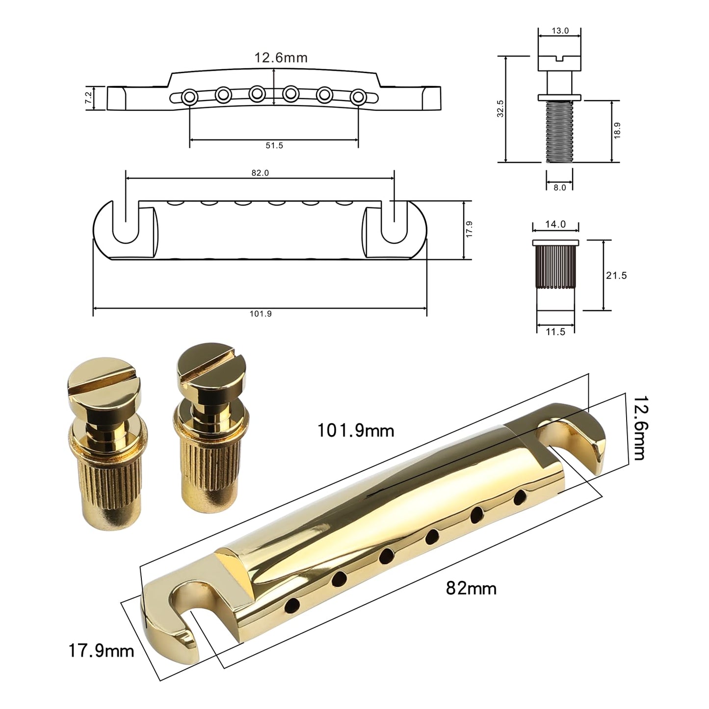 OVSAL Gold Tune-O-Matic Guitar Bridge and Stop Bar Tailpiece Combo M8 Metric Thread 6 String Fixed Bridge Compatible with Les Paul LP SG Style Electric Guitar Replacement Parts