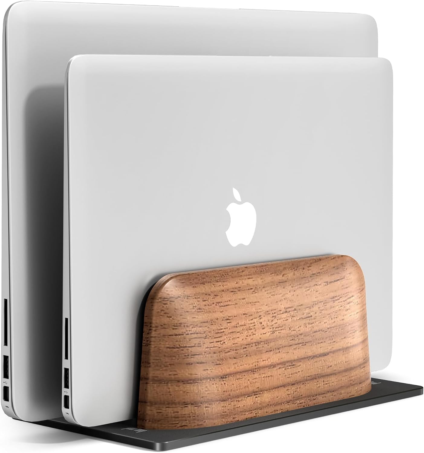 Vertical Laptop Stand, Dual Slot Walnut Wood Laptop Holder for Desk, Natural Wooden & Aluminium Width Adjustable Dock for MacBook and Other Laptops