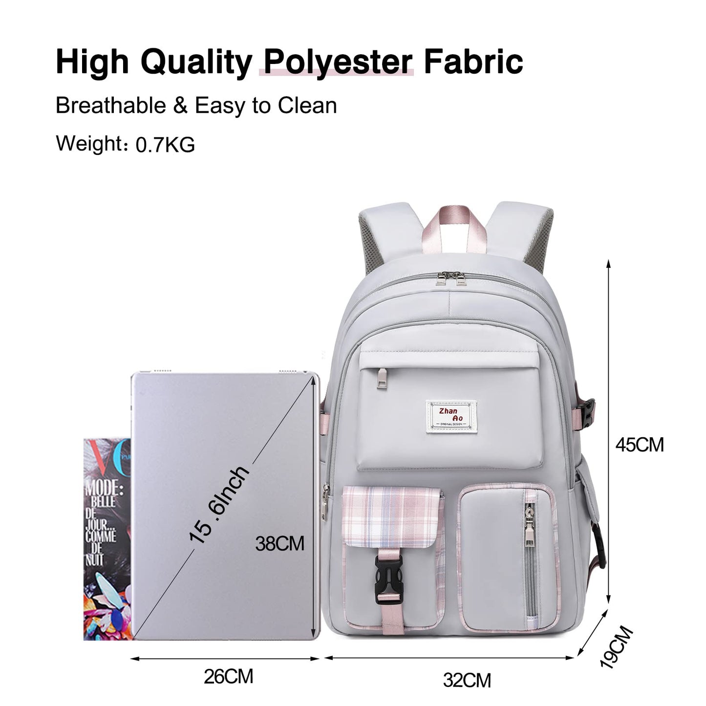 FANDARE Casual Backpack Girl School Bag Boy Daypacks Large Laptop Bag Students College Daypacks Bookbag fit 15.6 inch Laptop Teens Travel Spring Outing Shopping Rucksack Waterproof Polyester Gray
