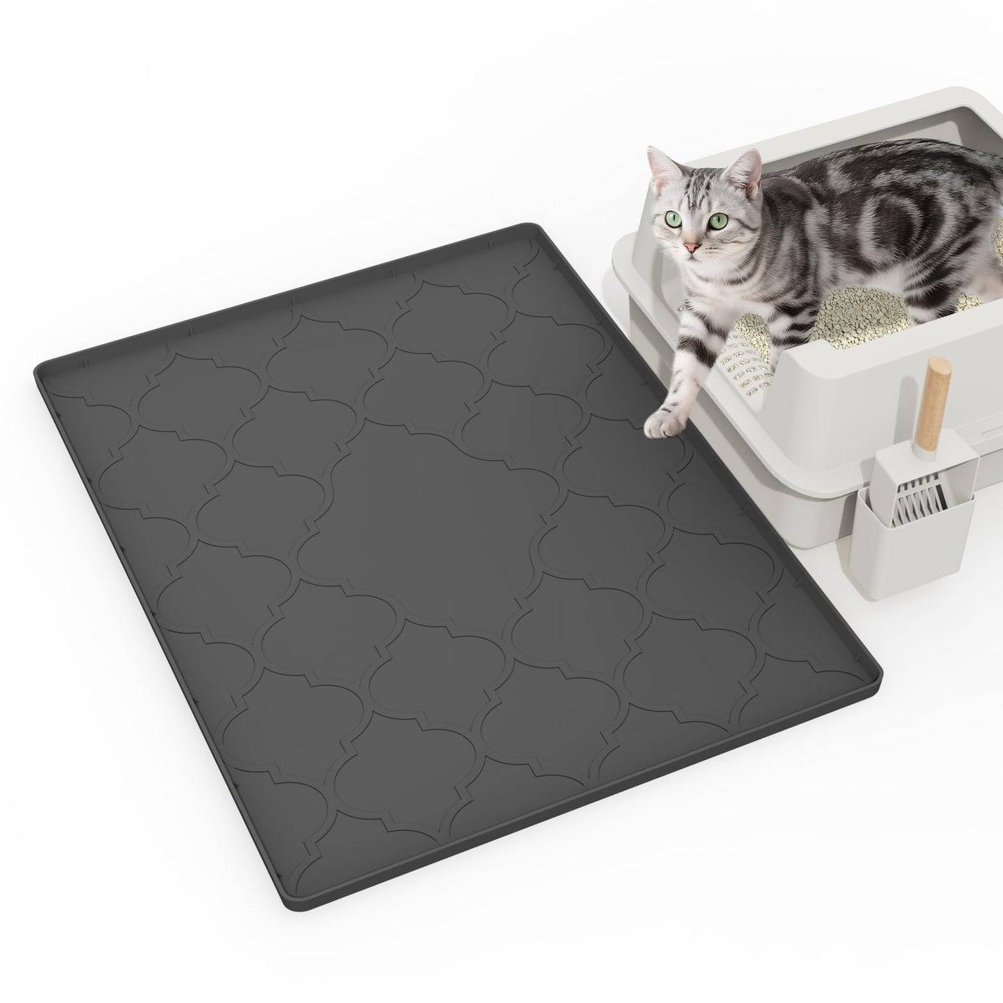 Kixcvdm Cat Litter Mat, 28" X 22" Silicone Litter Box Mat, Cat Litter Trapping Mat for Indoor Use, Easy Clean for Scatter Control, Soft on Kitty Paws, Waterproof & Urine Proof, Black