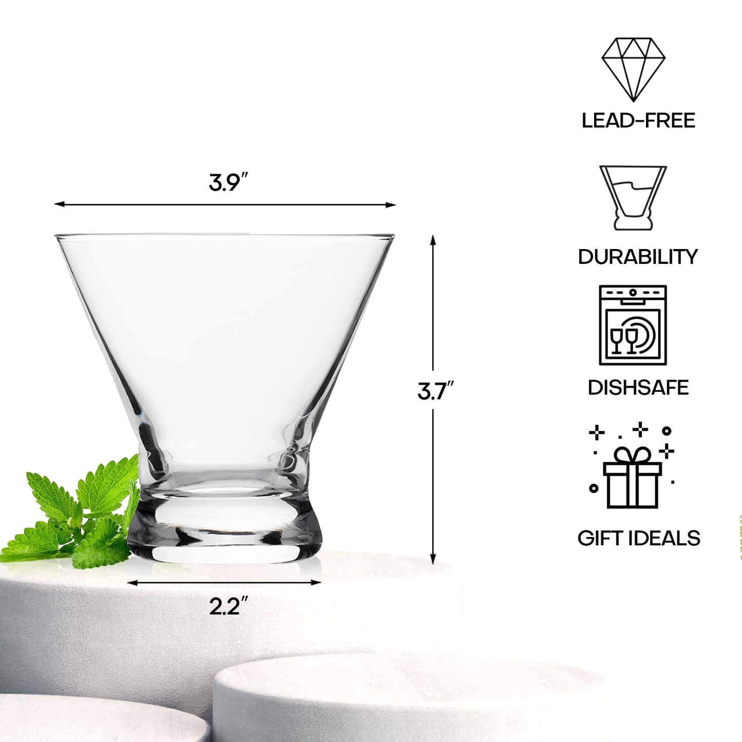 Martini Glasses Set of 6, 8oz Stemless Martini Cocktail Glasses for Margarita, Cosmopolitan, Manhattan, Home Bar, Gimlet, Pisco Sour, Brandy, Crystal Clear