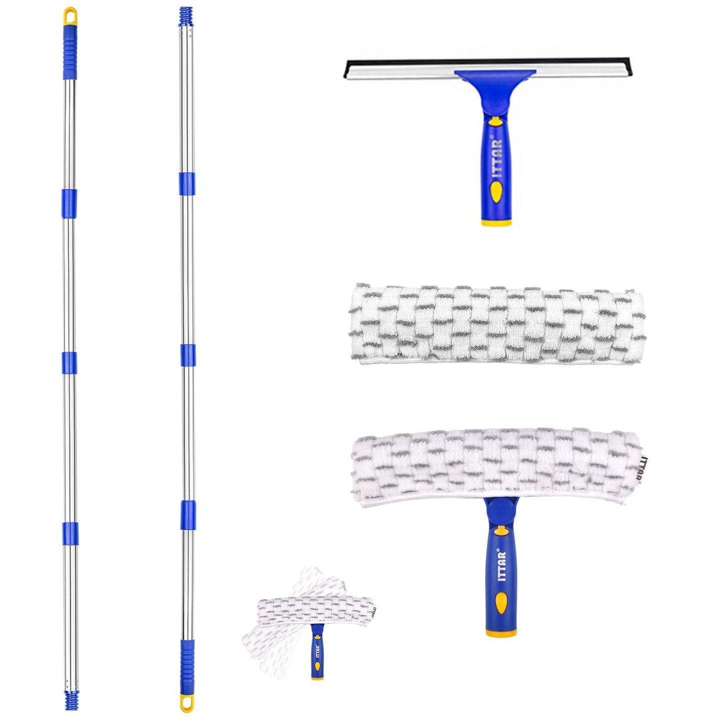ITTAR Window Squeegee with 2 Sets Stainless Steel Pole, Squeegee Cleaning Tools with Microfiber Pads, 60"-72" Telescopic Window Washing Kit, Professional Squeegee Cleaner for Home Car Outside Glass