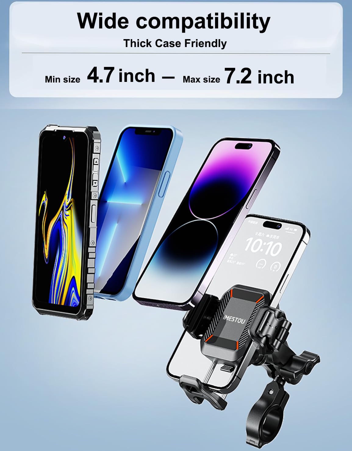 iMESTOU Anti-Vibration Phone Mount for Motorcycles and Bikes with Shock Absorbers & Anti-Theft Design, 1" Ball Phone Mount Suitable for 5.2"-7.2" Up to 15mm Thick Phones, Fits for 22-32mm Handlebars
