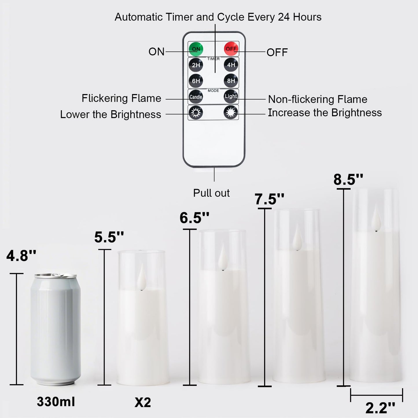 AMAGIC Acrylic Flameless Candles Flickering, Fake LED Candles Battery Operated with Remote Control Timer, Long-Lasting Plastic Pillar Candles for Home Decor, White, Set of 5
