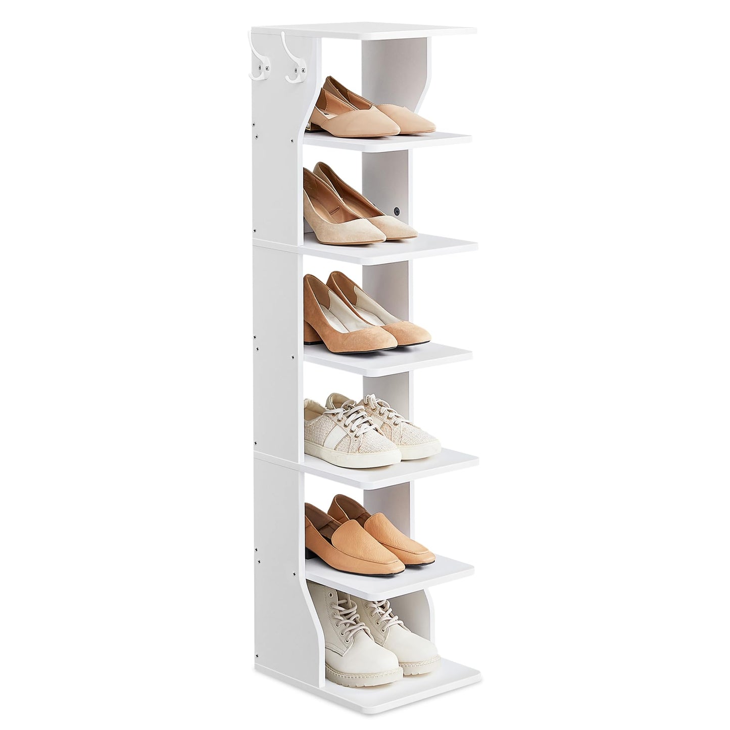 VASAGLE 7-Tier Vertical Shoe Rack, Narrow Shoe Storage Organizer with Hooks, Slim Corner Tower Shelf, Space-Saving for Entryway and Bedroom, White ULBS200T14