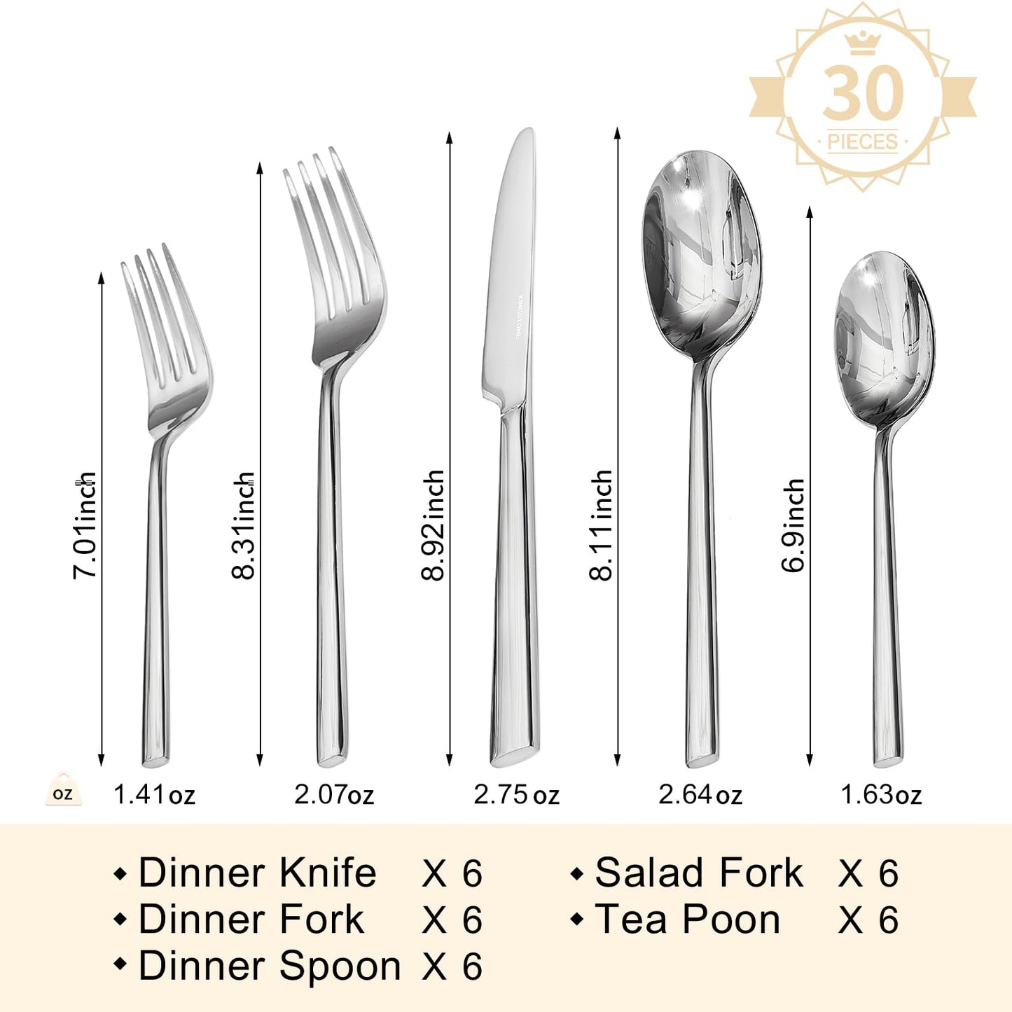 KINGSTONE Silverware Set, 30-Piece Forged Flatware Set Cutlery Set Premium Stainless Steel, Service for 6, for Home, Wedding, Party, Mirror Polished and Dishwasher Safe