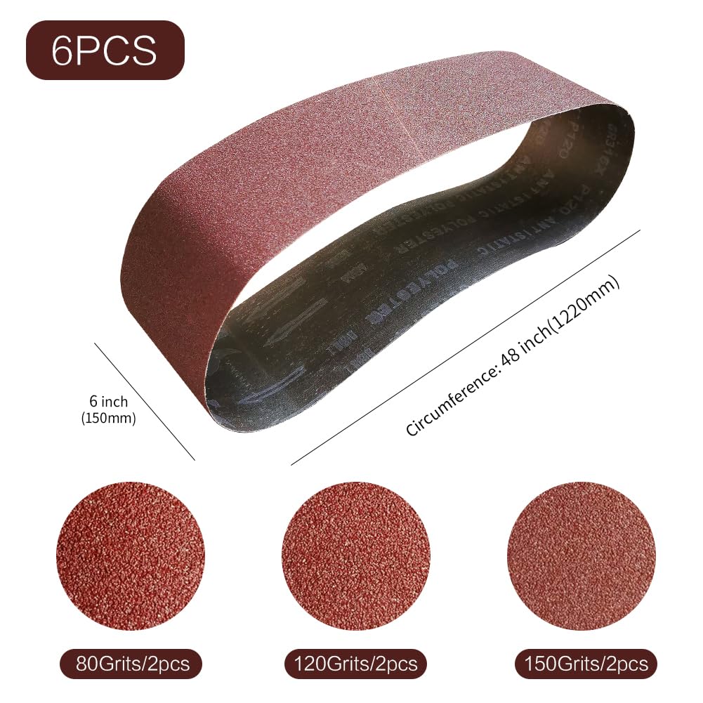 6 x 48 in 6x48 Sanding Belt Pack 6-Inch x 48-Inch,6 Pcs(2 Each of 80 120 150 Grits) Aluminum Oxide for Sander