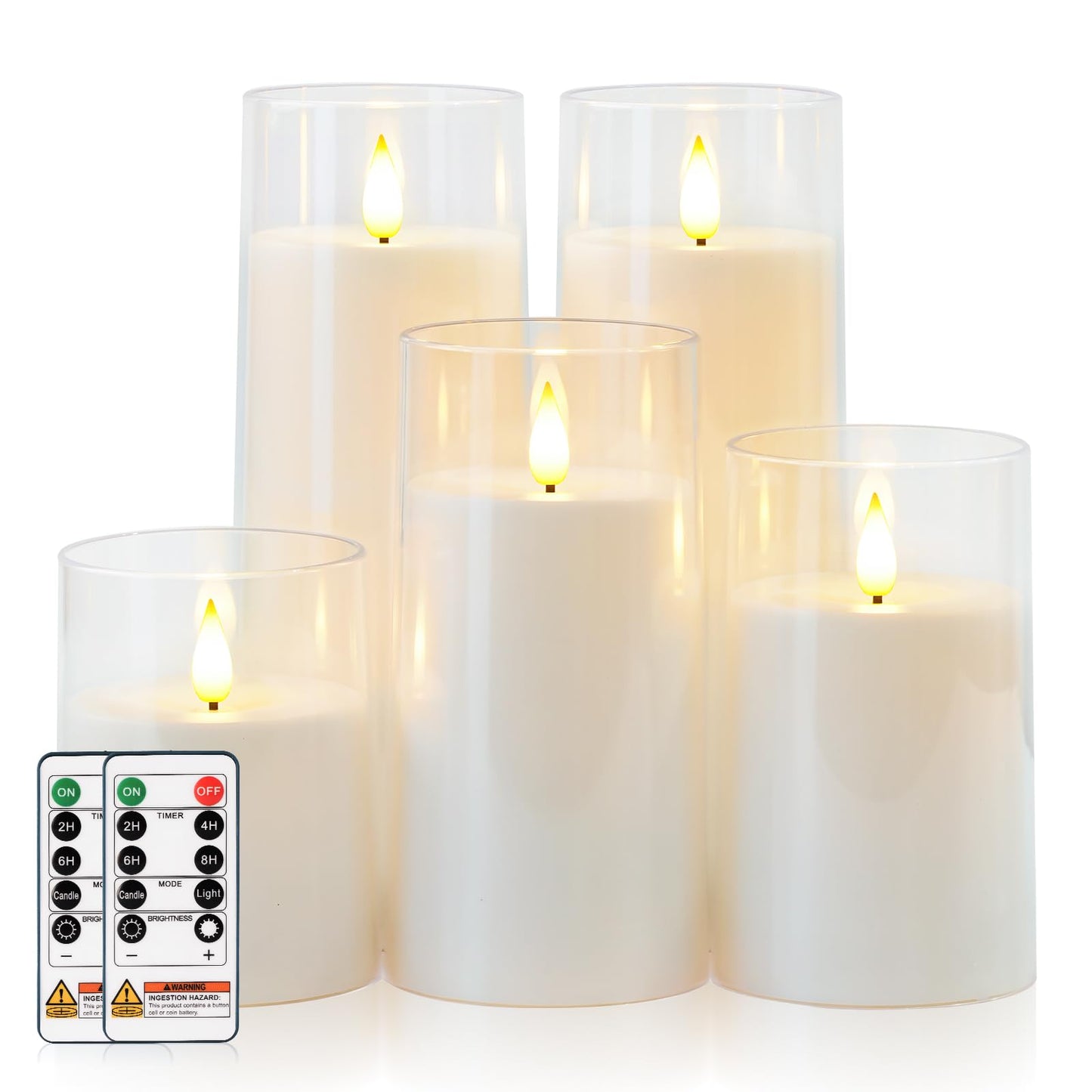 AMAGIC Flickering Flameless Candles, Battery Operated Acrylic LED Pillar Candles with Remote Control and Timer, Romantic Wedding Home Ambience Decoration, 5 Pack White