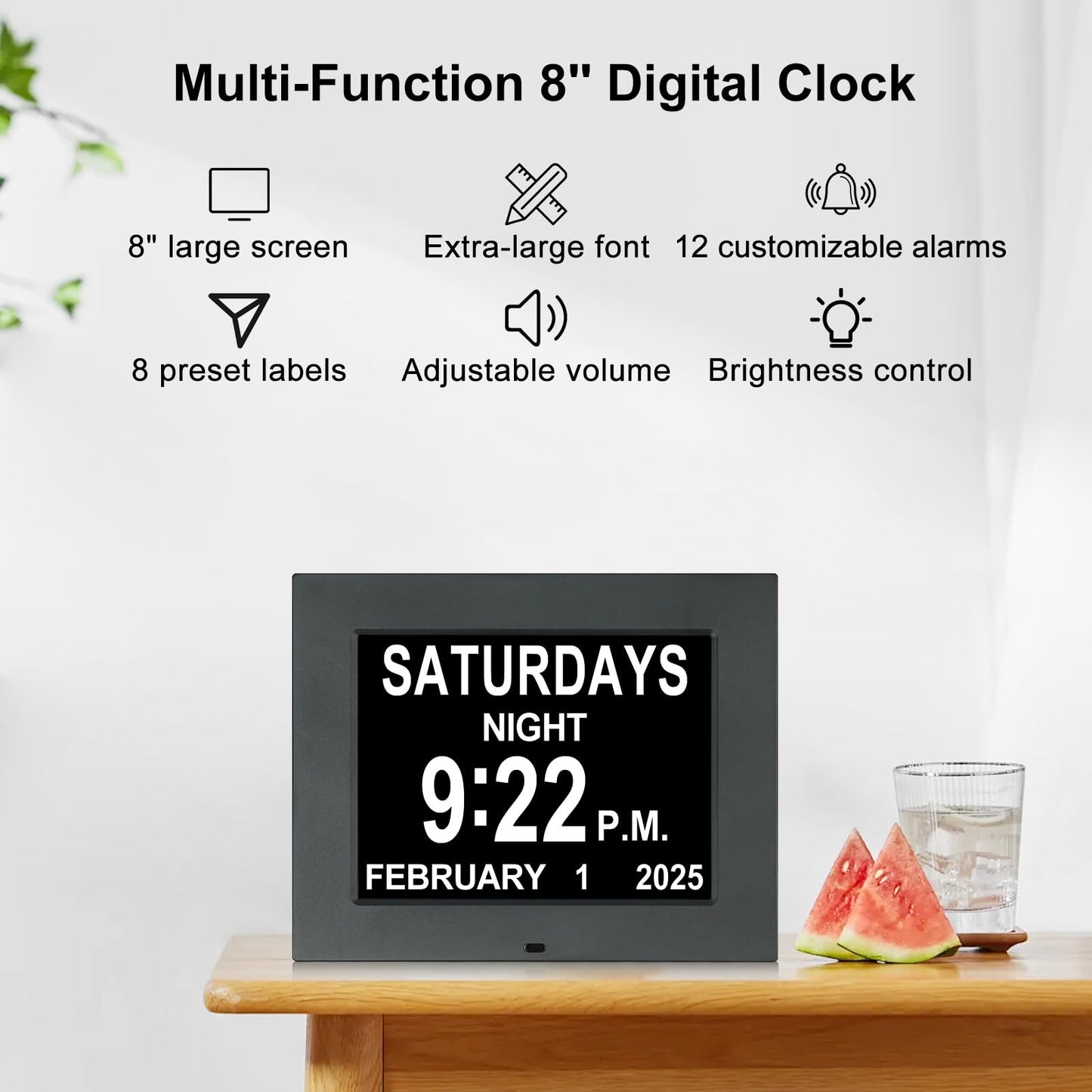 KASTISS 8 inch Digital Clock for Seniors, Calendar with Date & Week and Time for Elderly, Large Display Dementia Clock with SD Card Slot, Programmable Medication Reminder (Black)