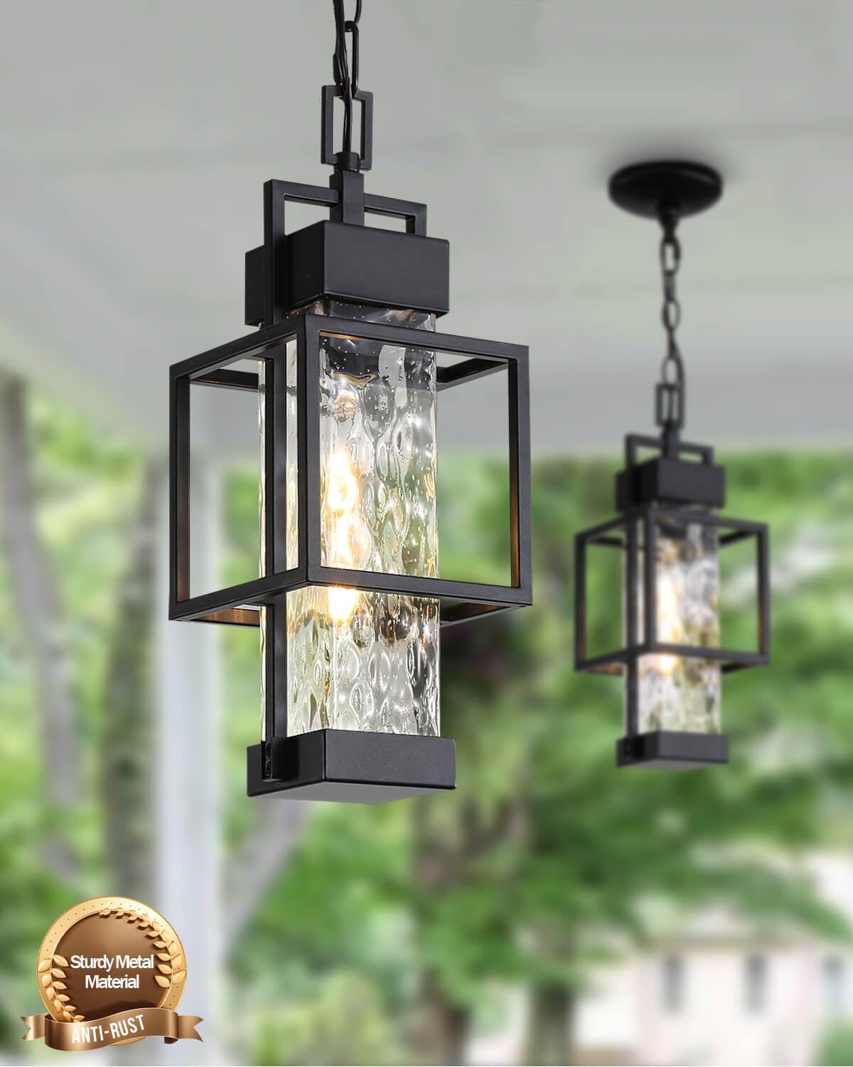Outdoor Pendant Light for Porch, Waterproof Hanging Ceiling Lantern with Water Glass, Black Exterior Light Fixture for Front Door Gazebo Entryway, E26 Base, LED Bulb Included